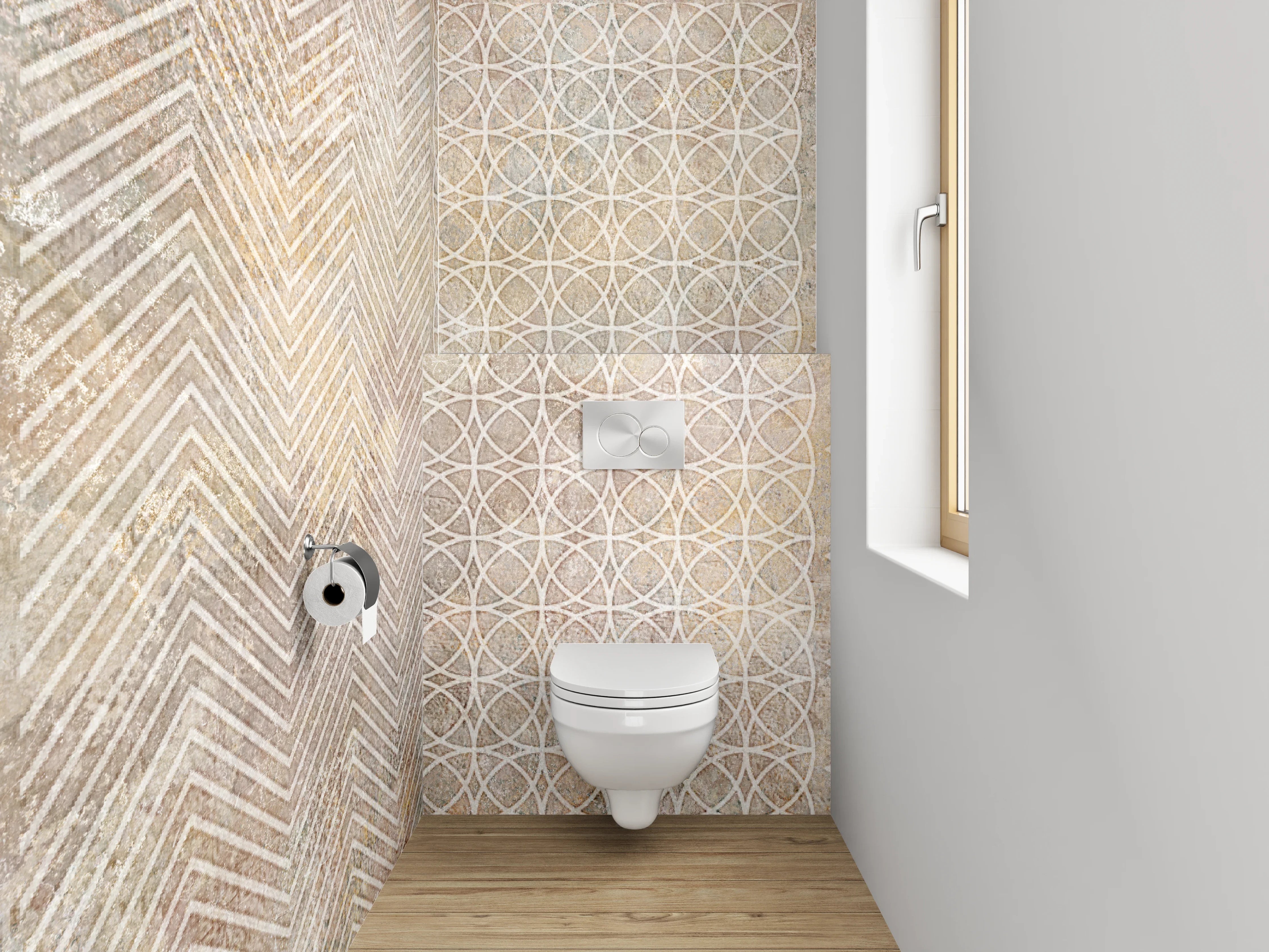 WC-Rückwand - Geometrische Vintage-Muster Fliesenoptik Beige