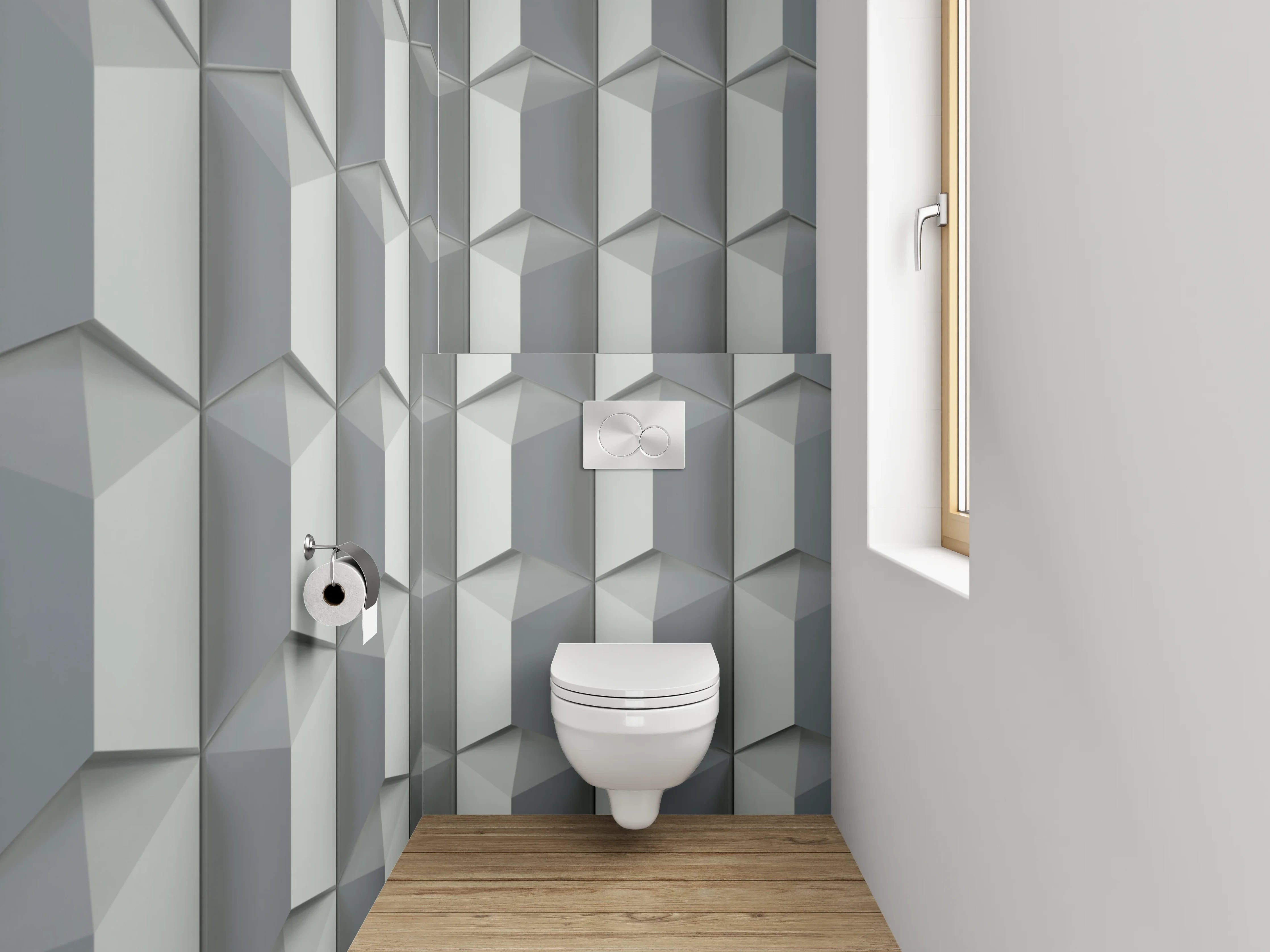 WC-Rückwand - Geometrisches 3D-Muster Grau Metallic