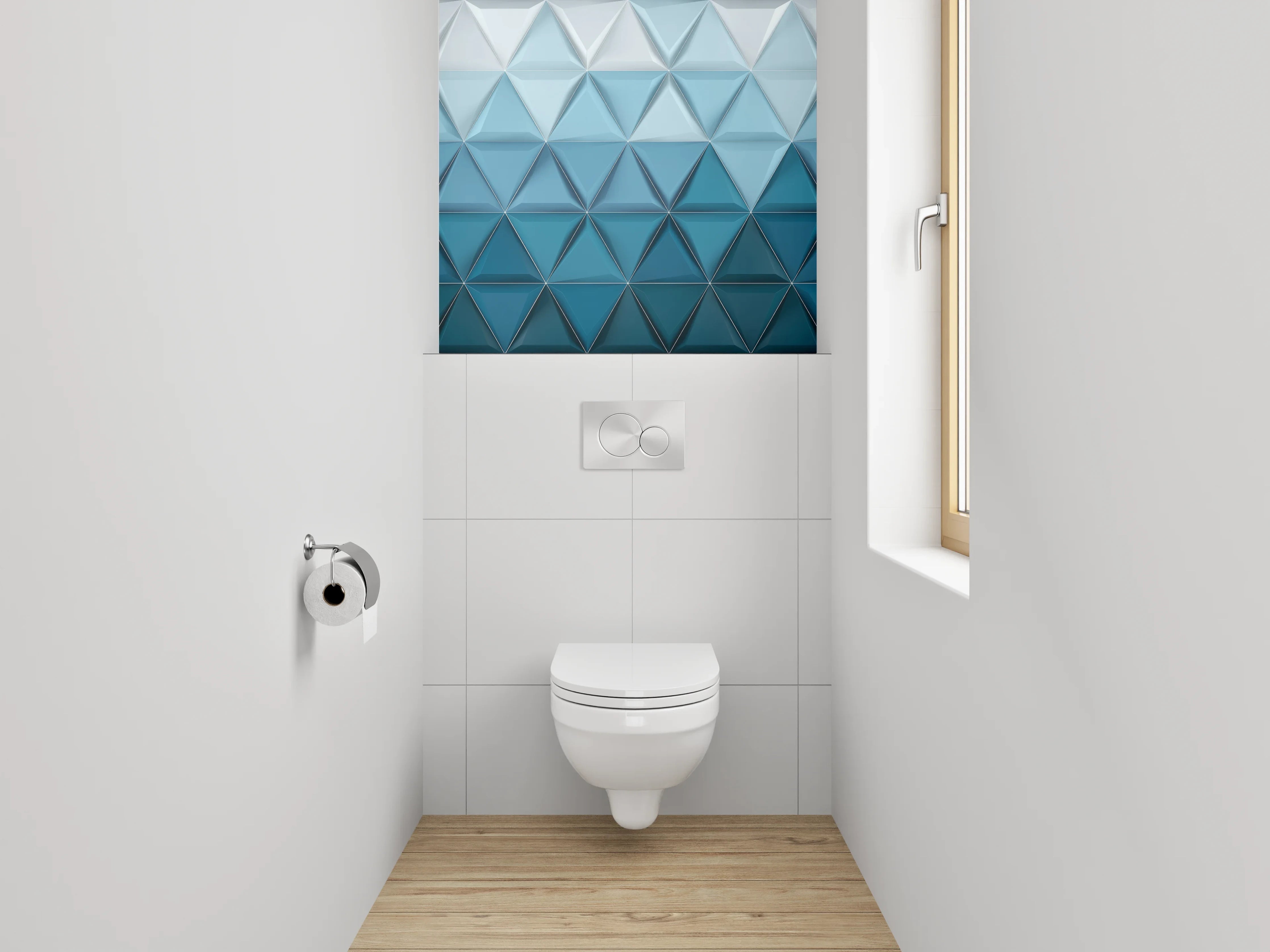 WC-Rückwand - Geometrisches 3D-Muster in Blautönen