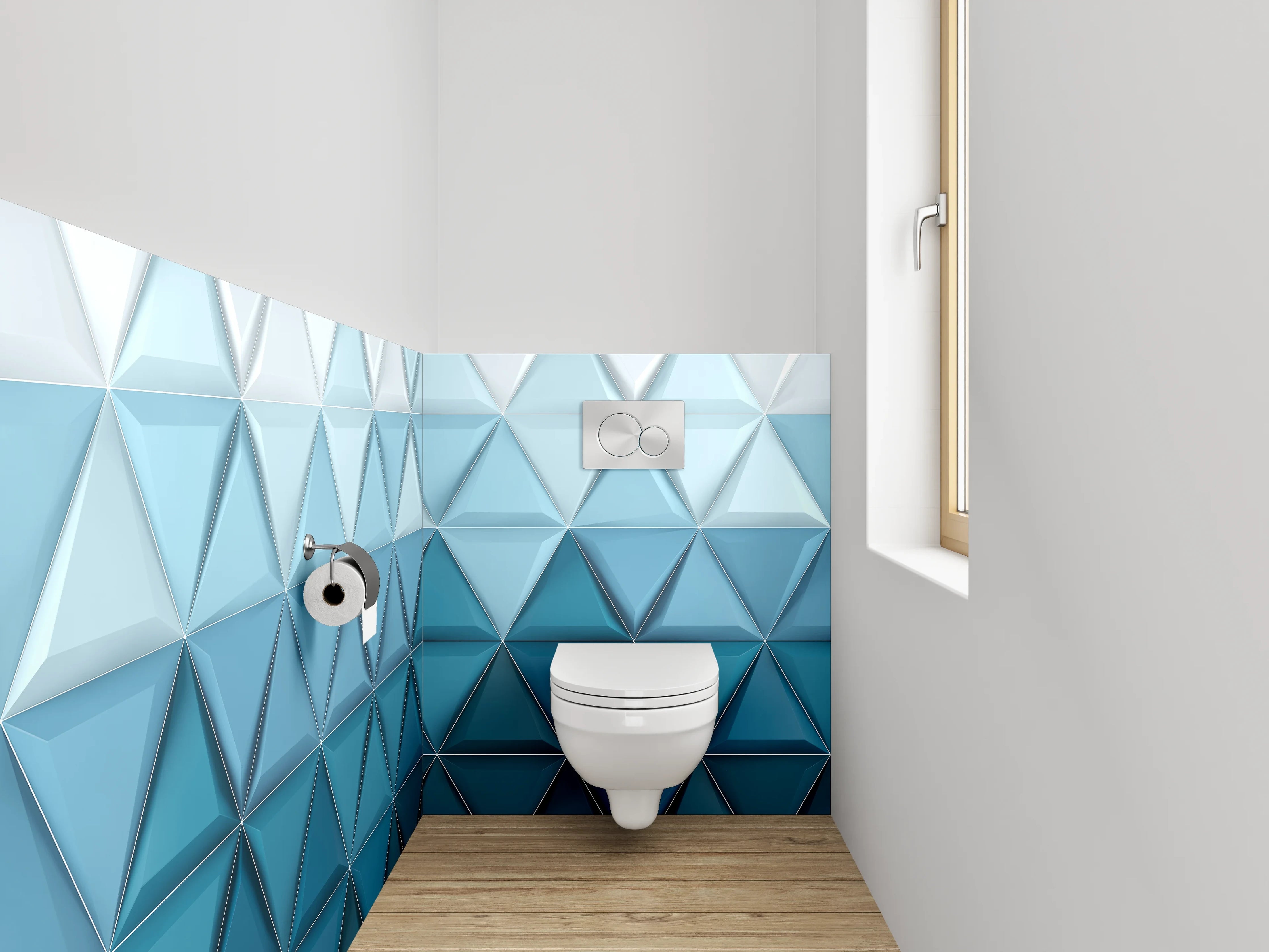 WC-Rückwand - Geometrisches 3D-Muster in Blautönen