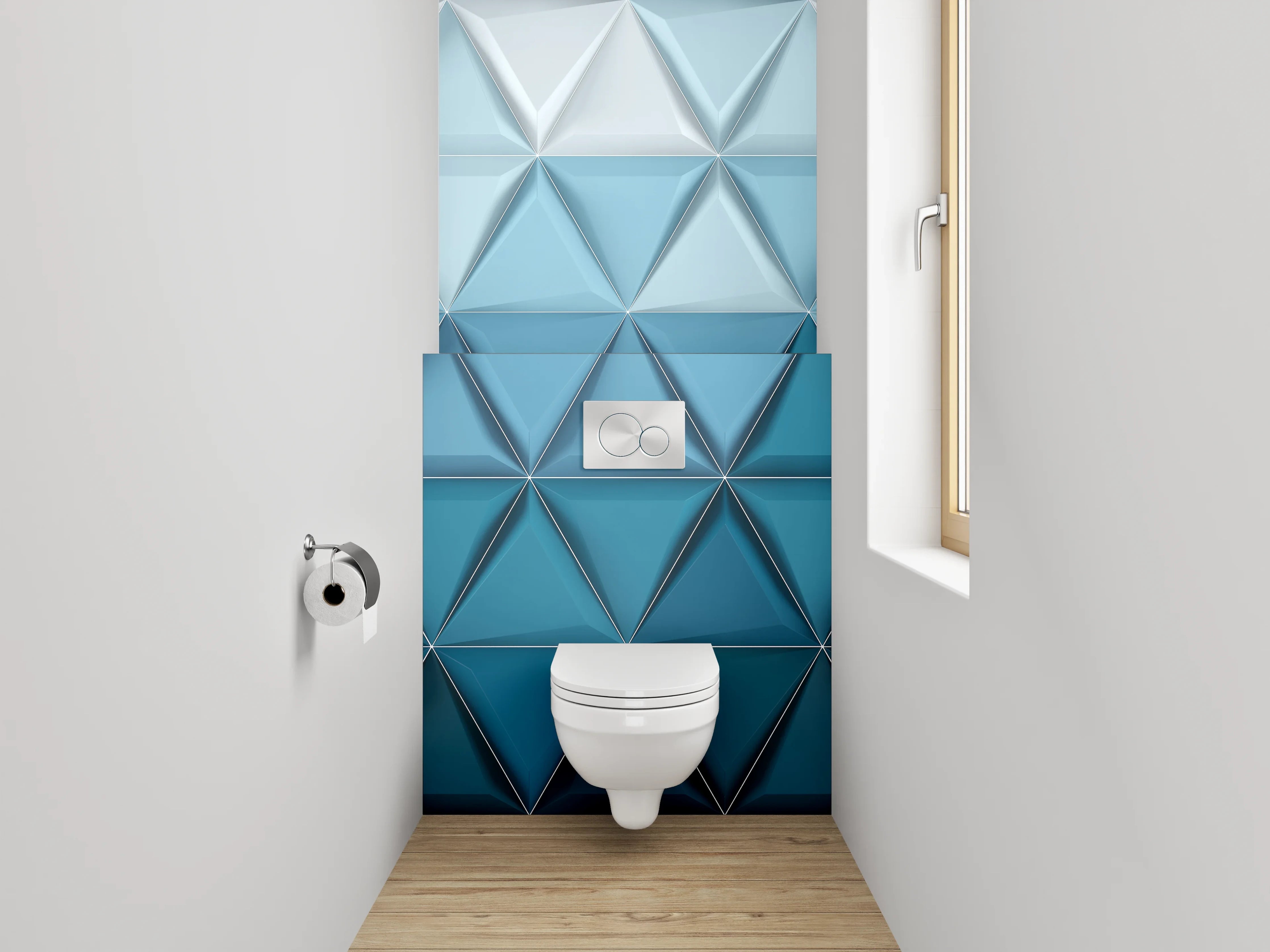 WC-Rückwand - Geometrisches 3D-Muster in Blautönen