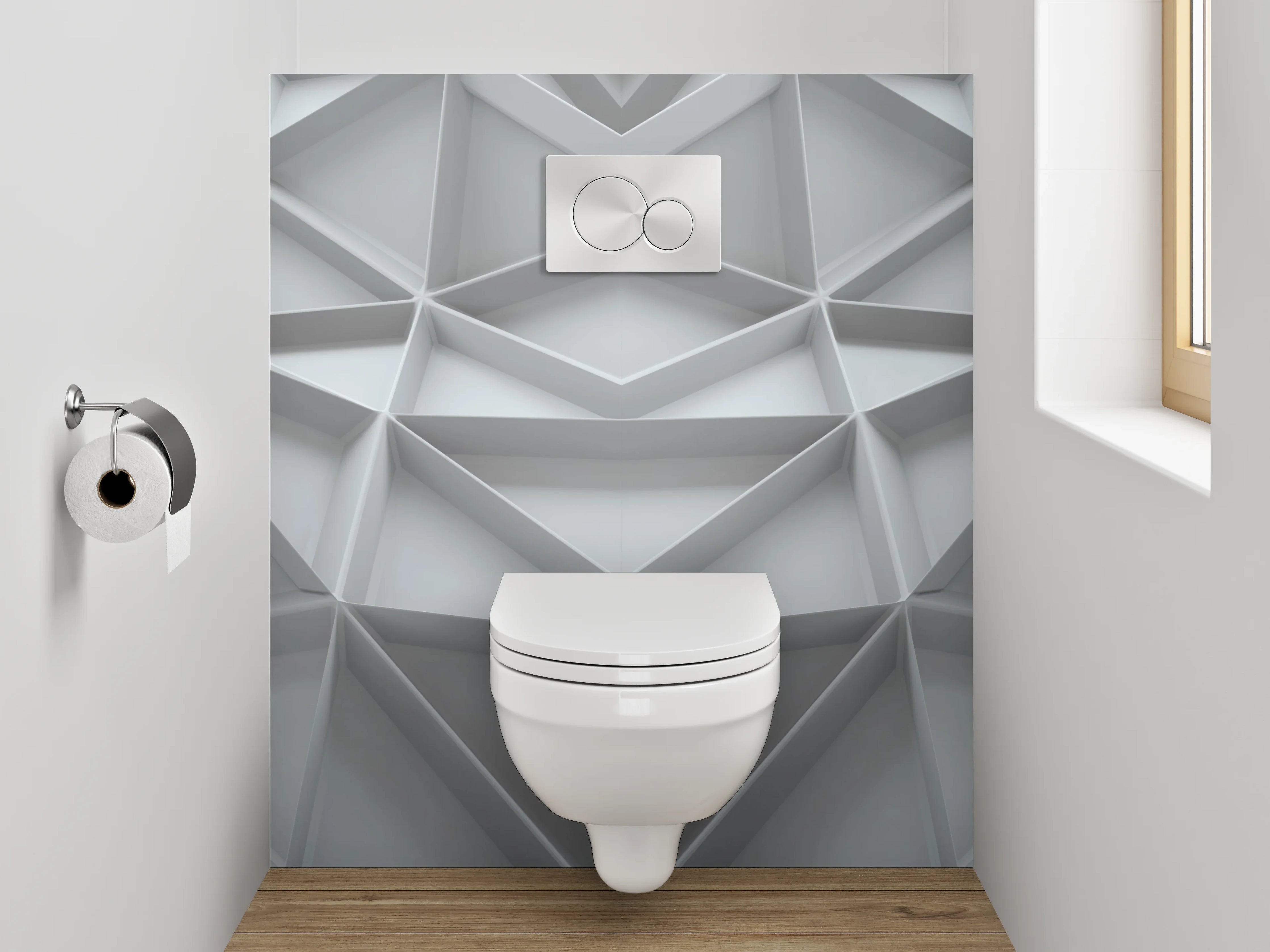 WC-Rückwand - Geometrisches 3D-Muster in Weiß und Grau