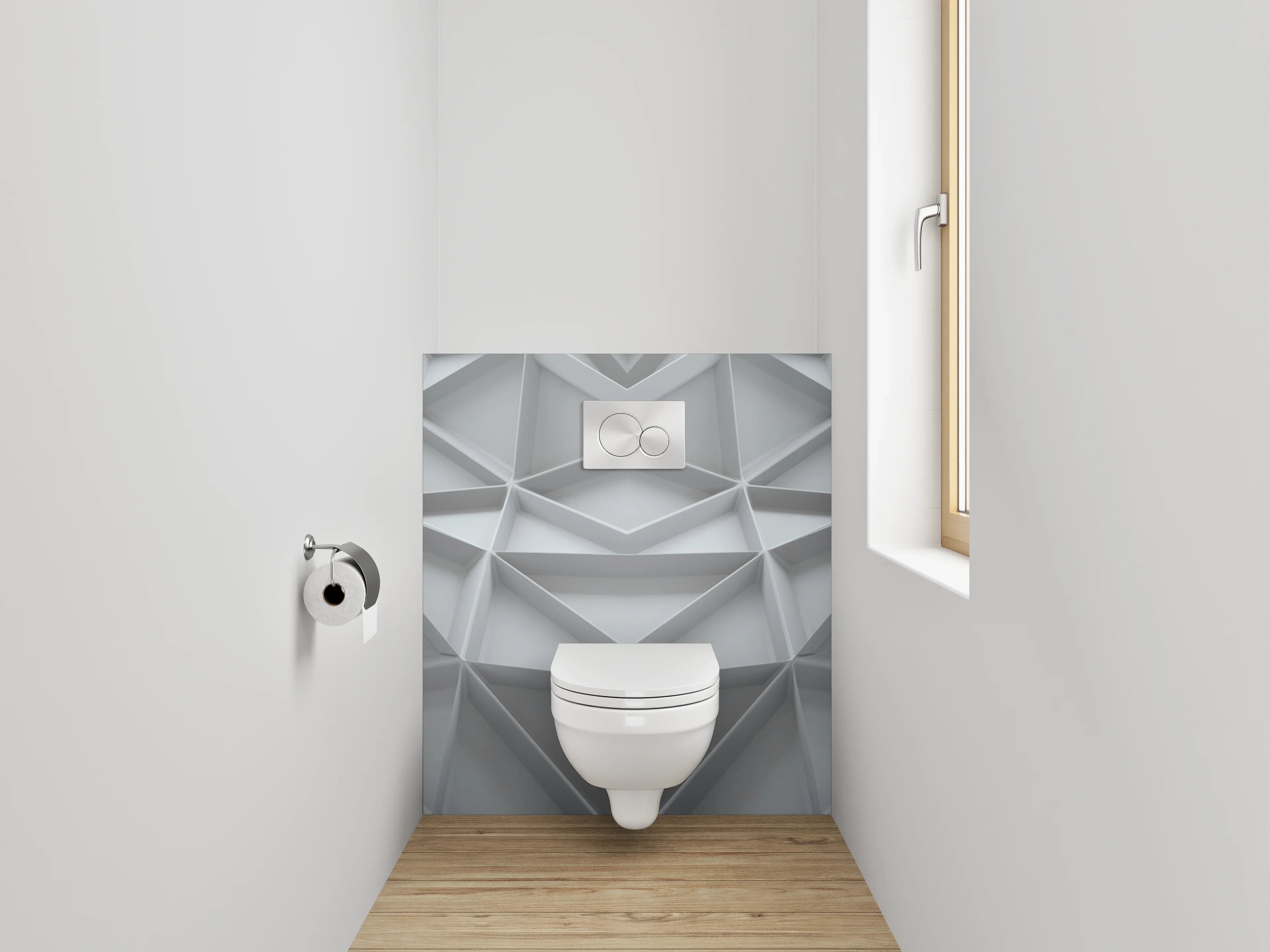 WC-Rückwand - Geometrisches 3D-Muster in Weiß und Grau