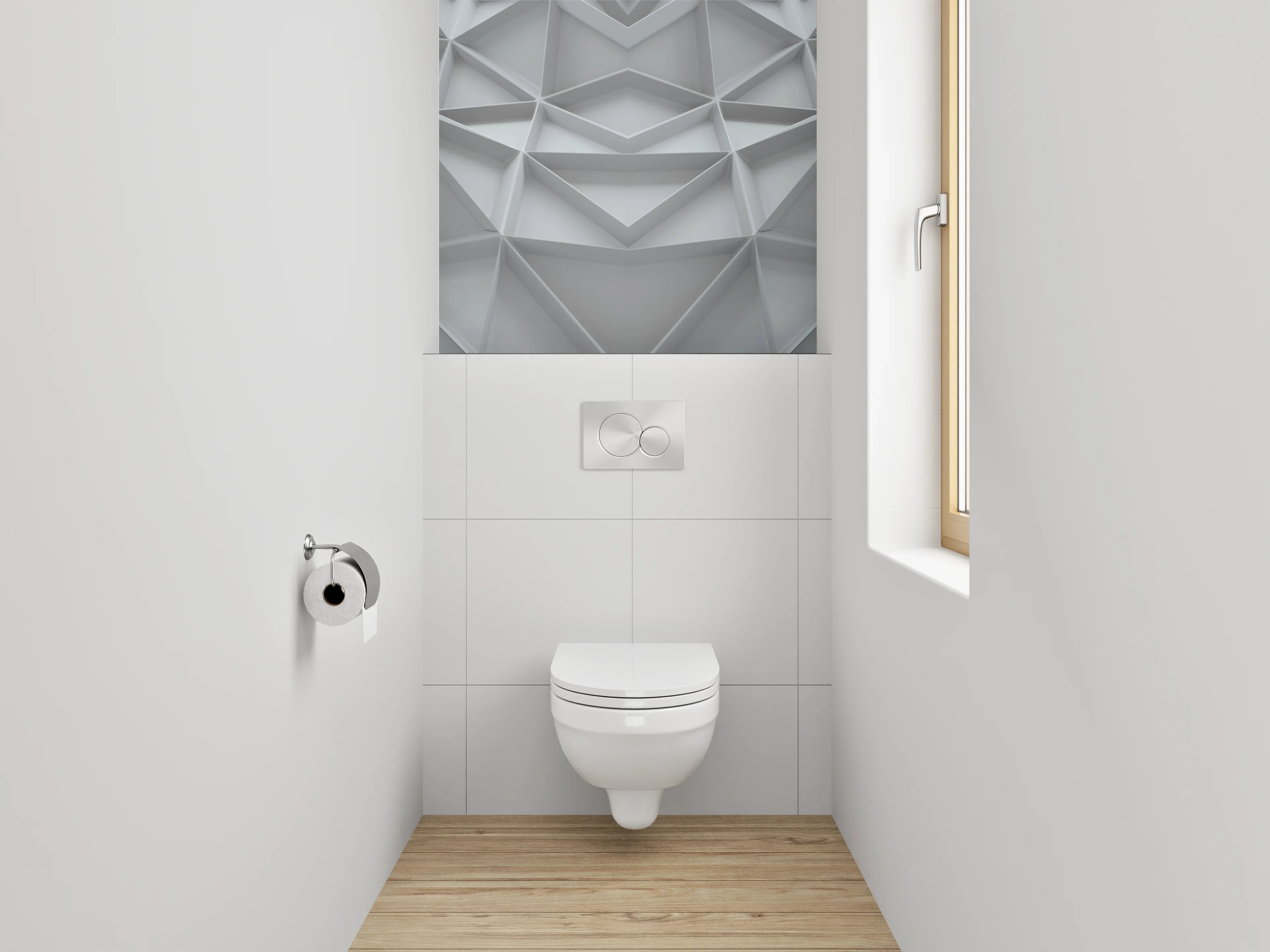 WC-Rückwand - Geometrisches 3D-Muster in Weiß und Grau