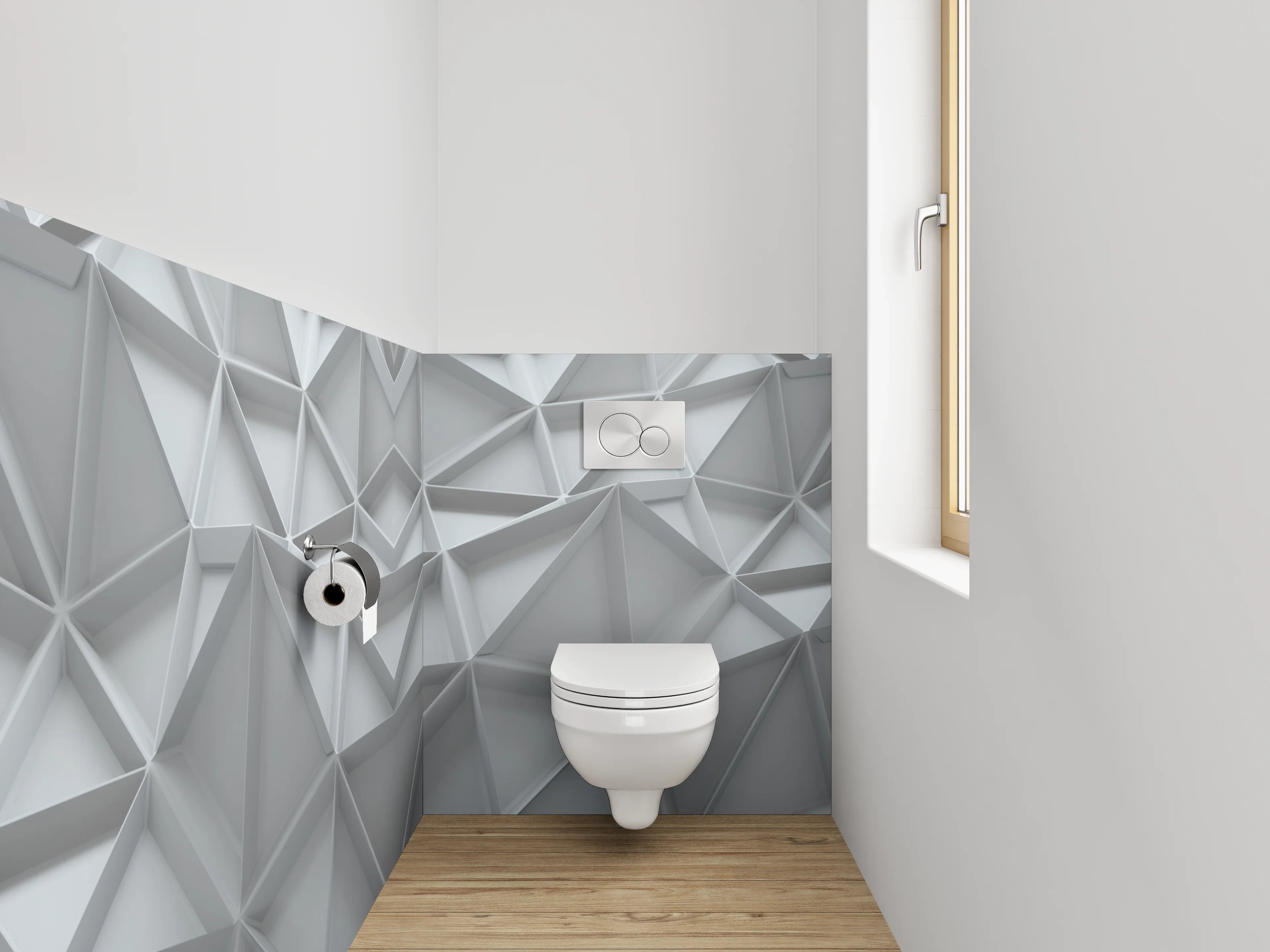 WC-Rückwand - Geometrisches 3D-Muster in Weiß und Grau