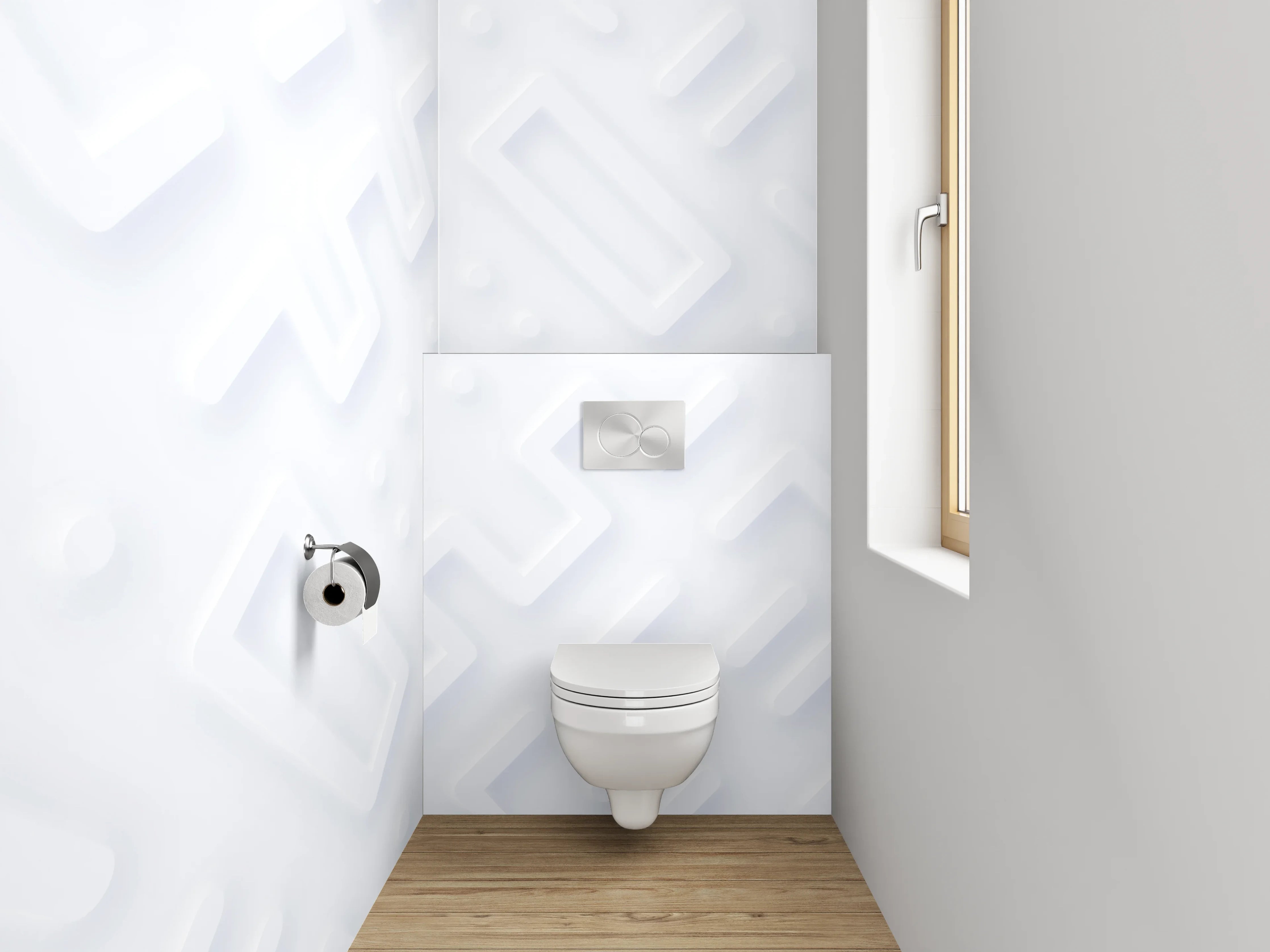 WC-Rückwand - Geometrisches 3D-Muster in Weiß und Hellgrau