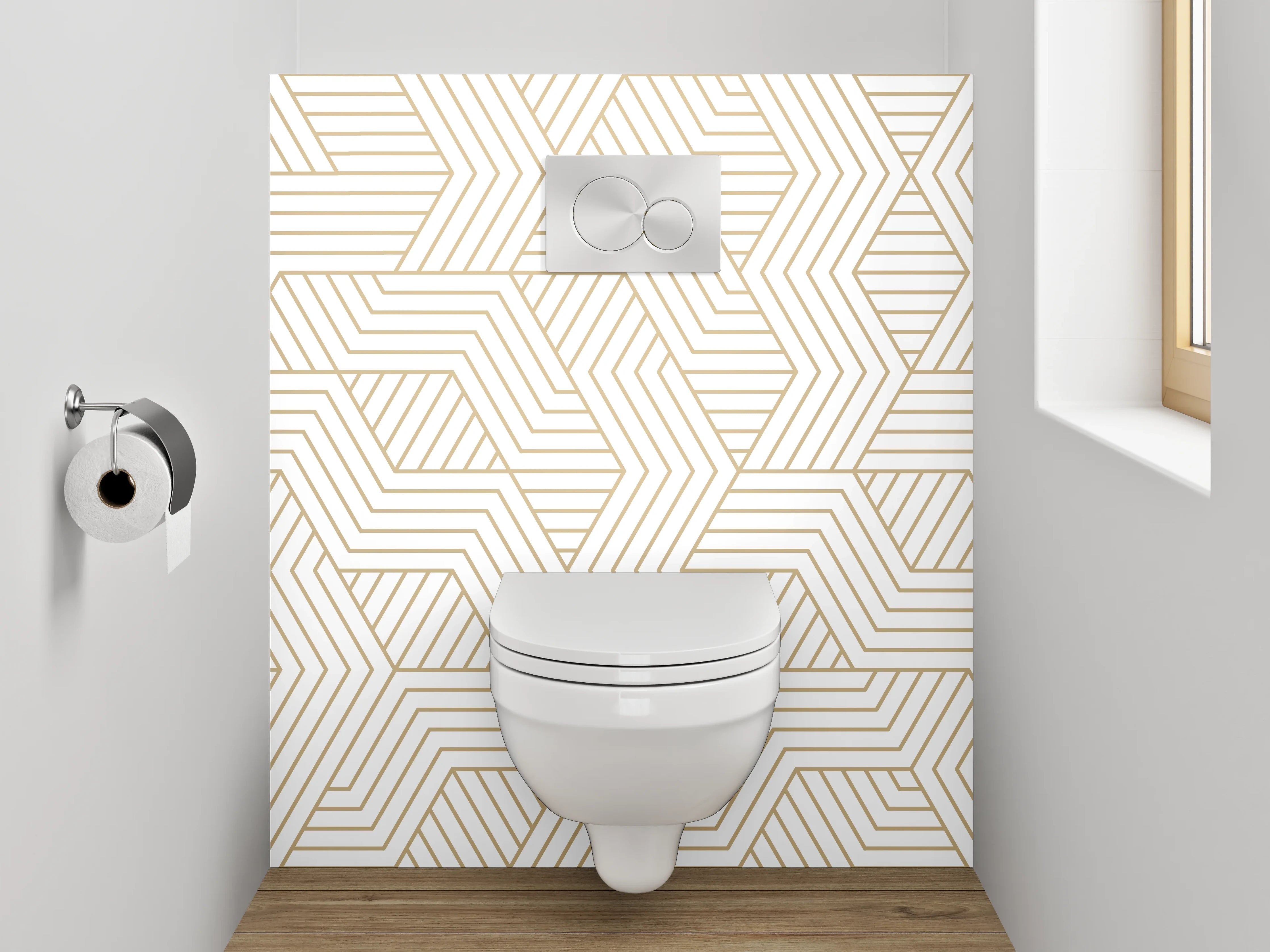 WC-Rückwand - Geometrisches Art Deco Muster Beige Weiß