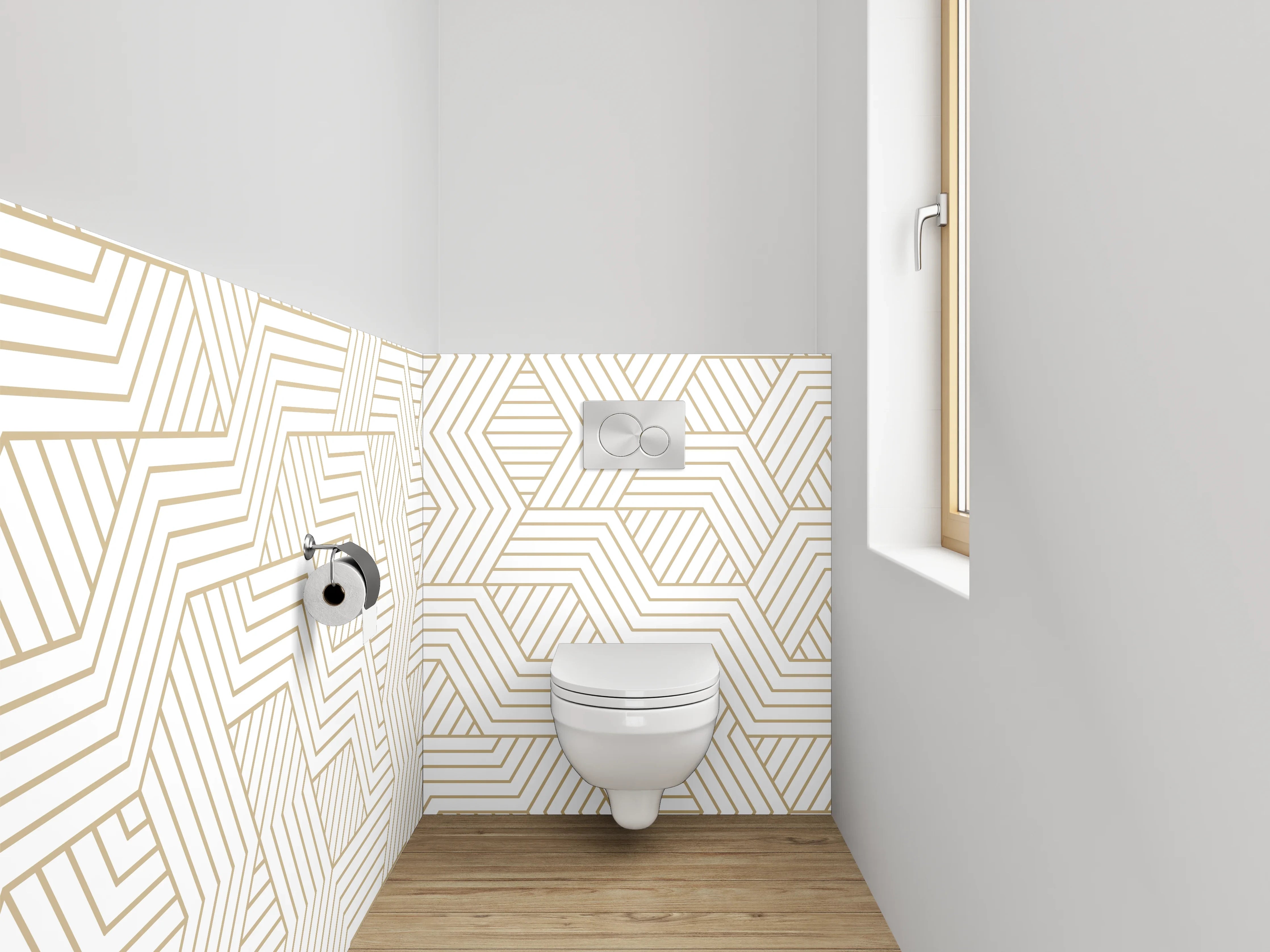 WC-Rückwand - Geometrisches Art Deco Muster Beige Weiß