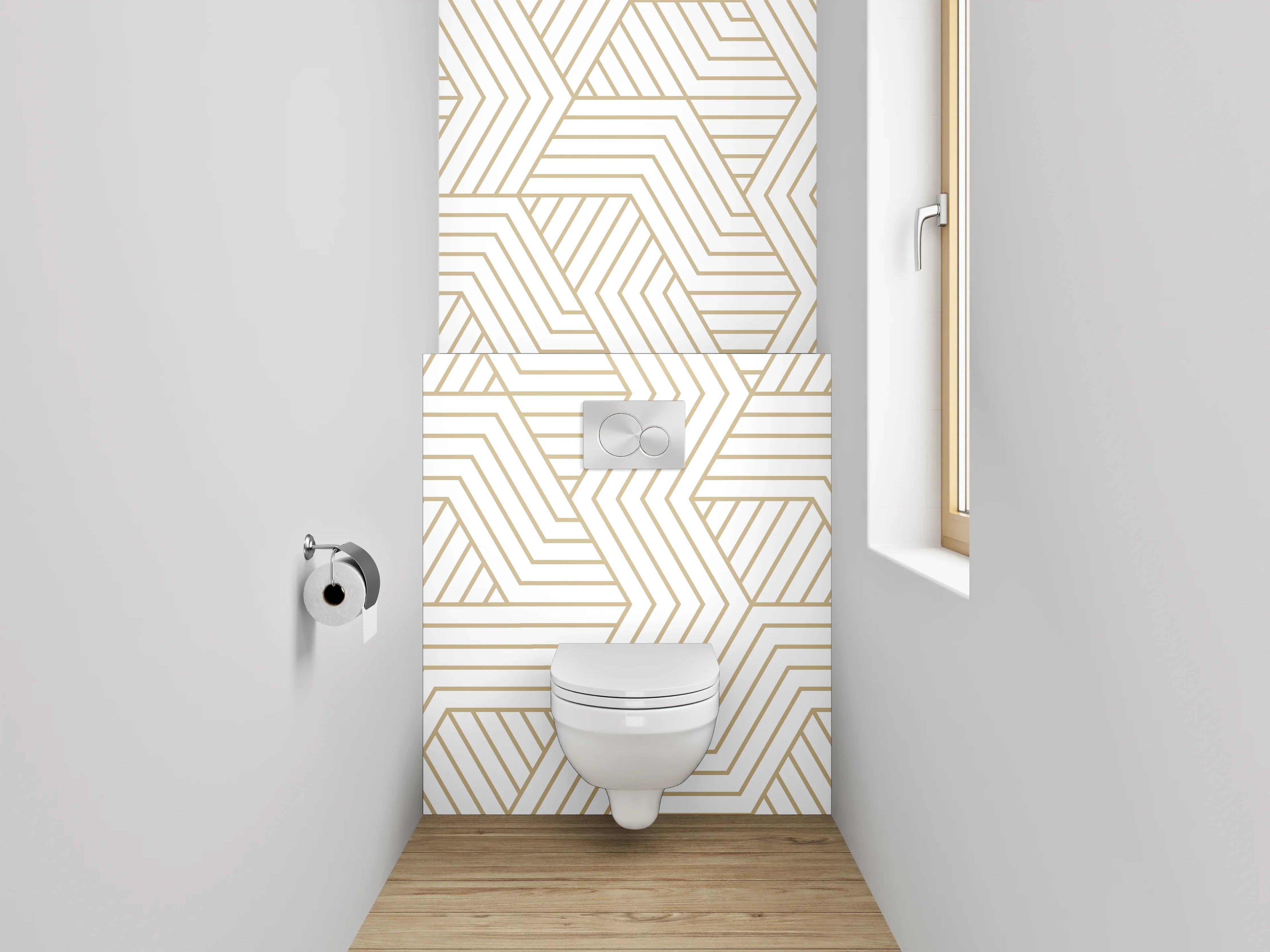 WC-Rückwand - Geometrisches Art Deco Muster Beige Weiß