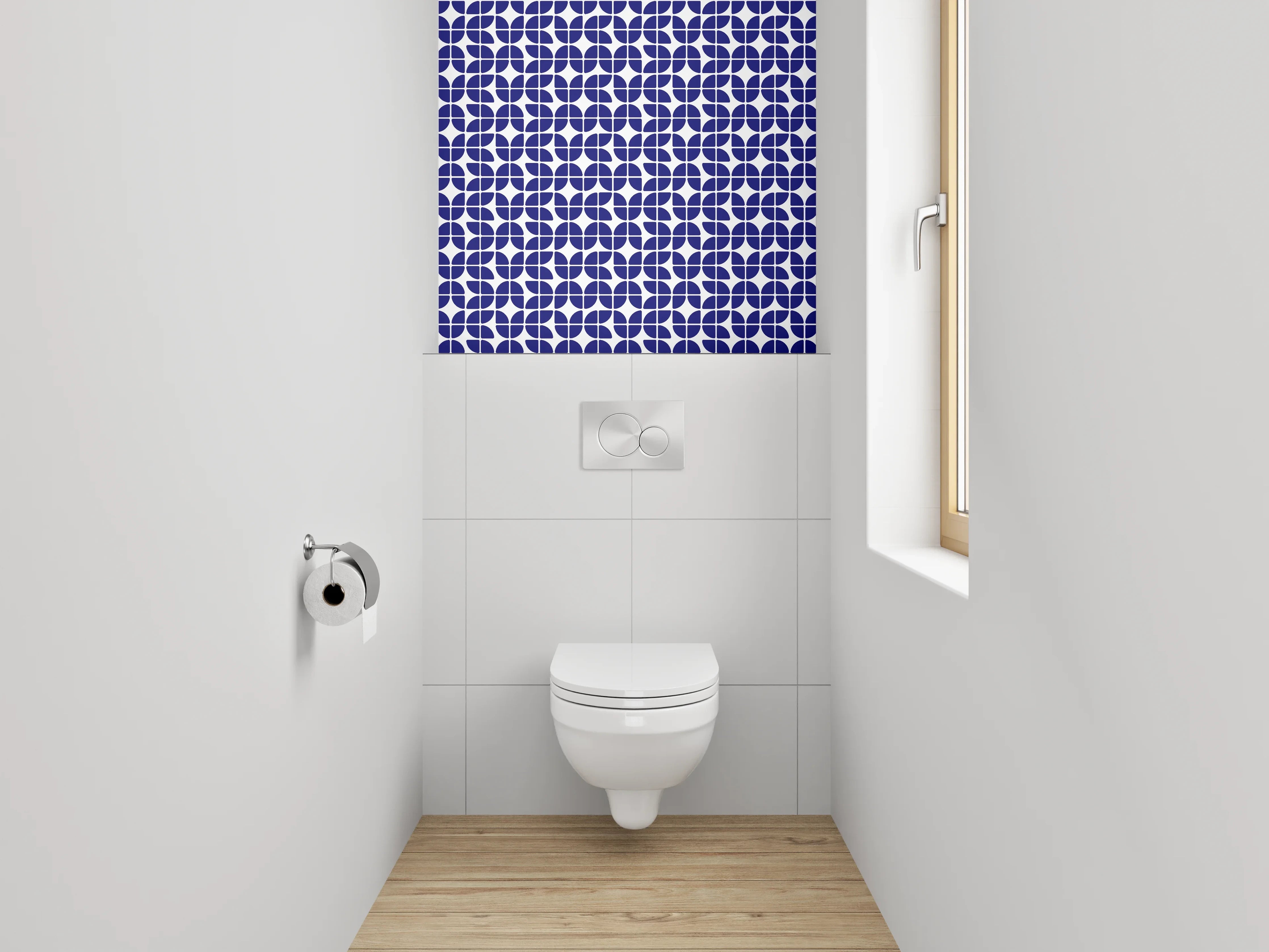WC-Rückwand - Geometrisches Blau-Weiß-Fliesenmuster