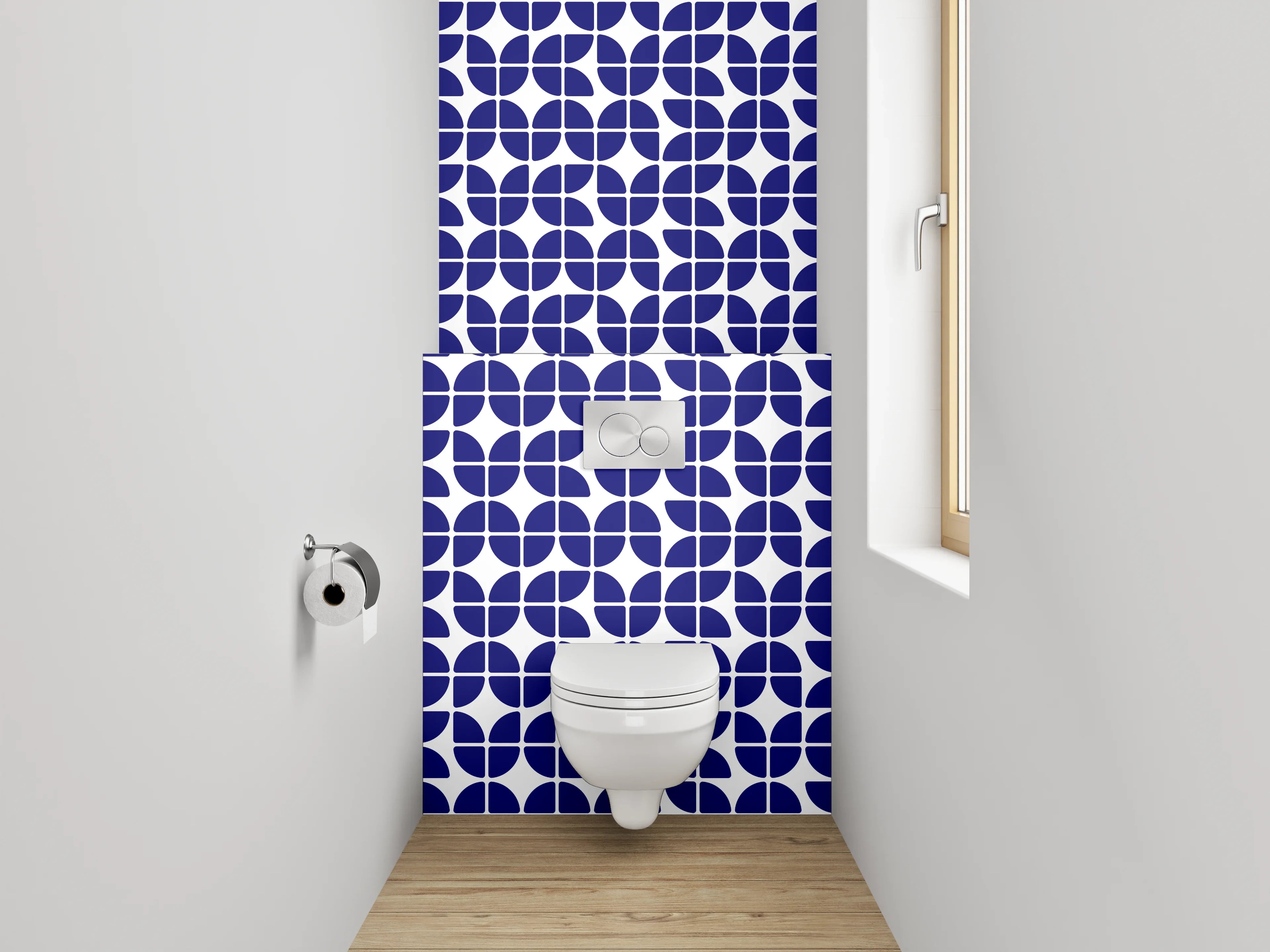 WC-Rückwand - Geometrisches Blau-Weiß-Fliesenmuster