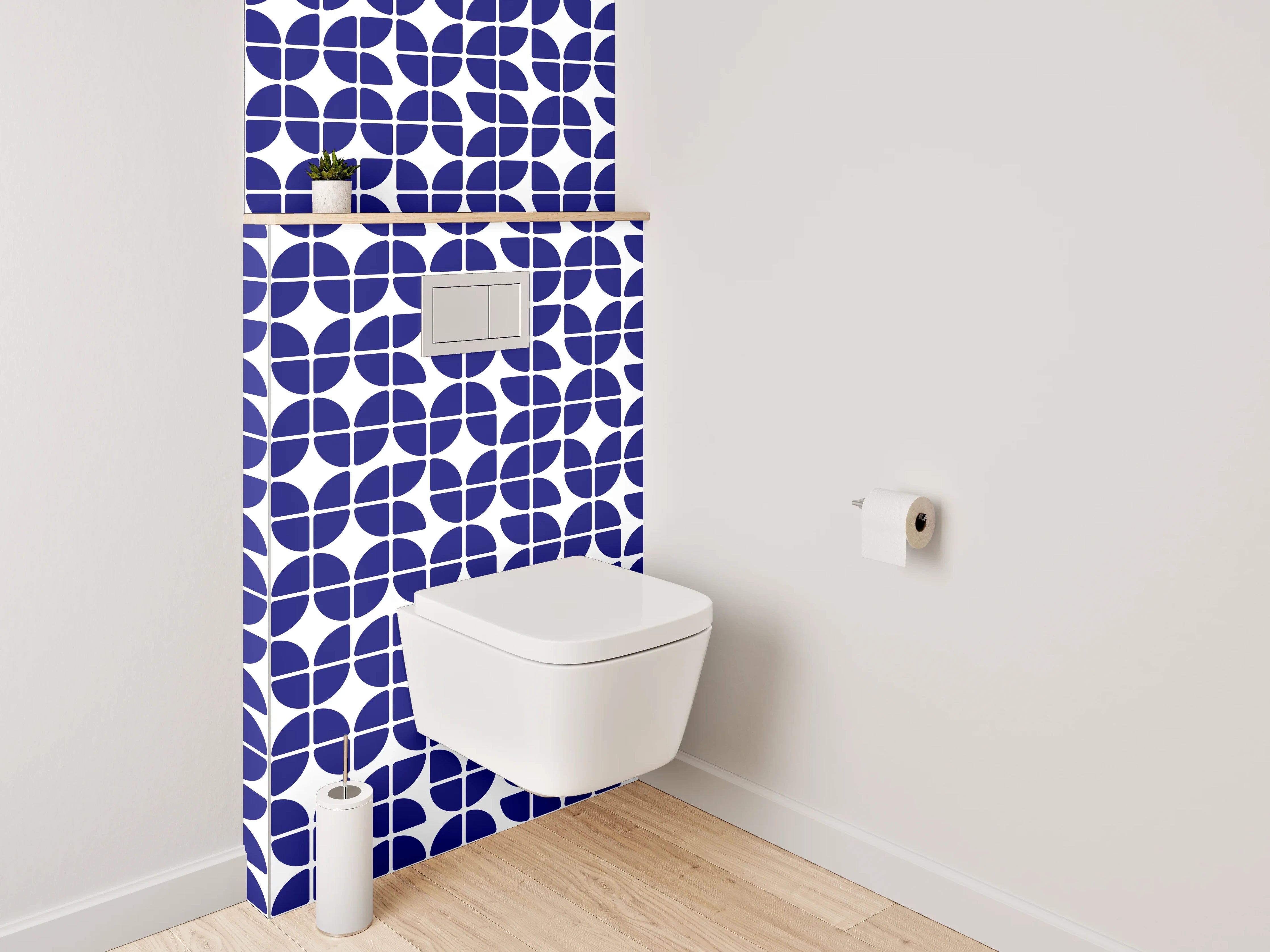WC-Rückwand - Geometrisches Blau-Weiß-Fliesenmuster