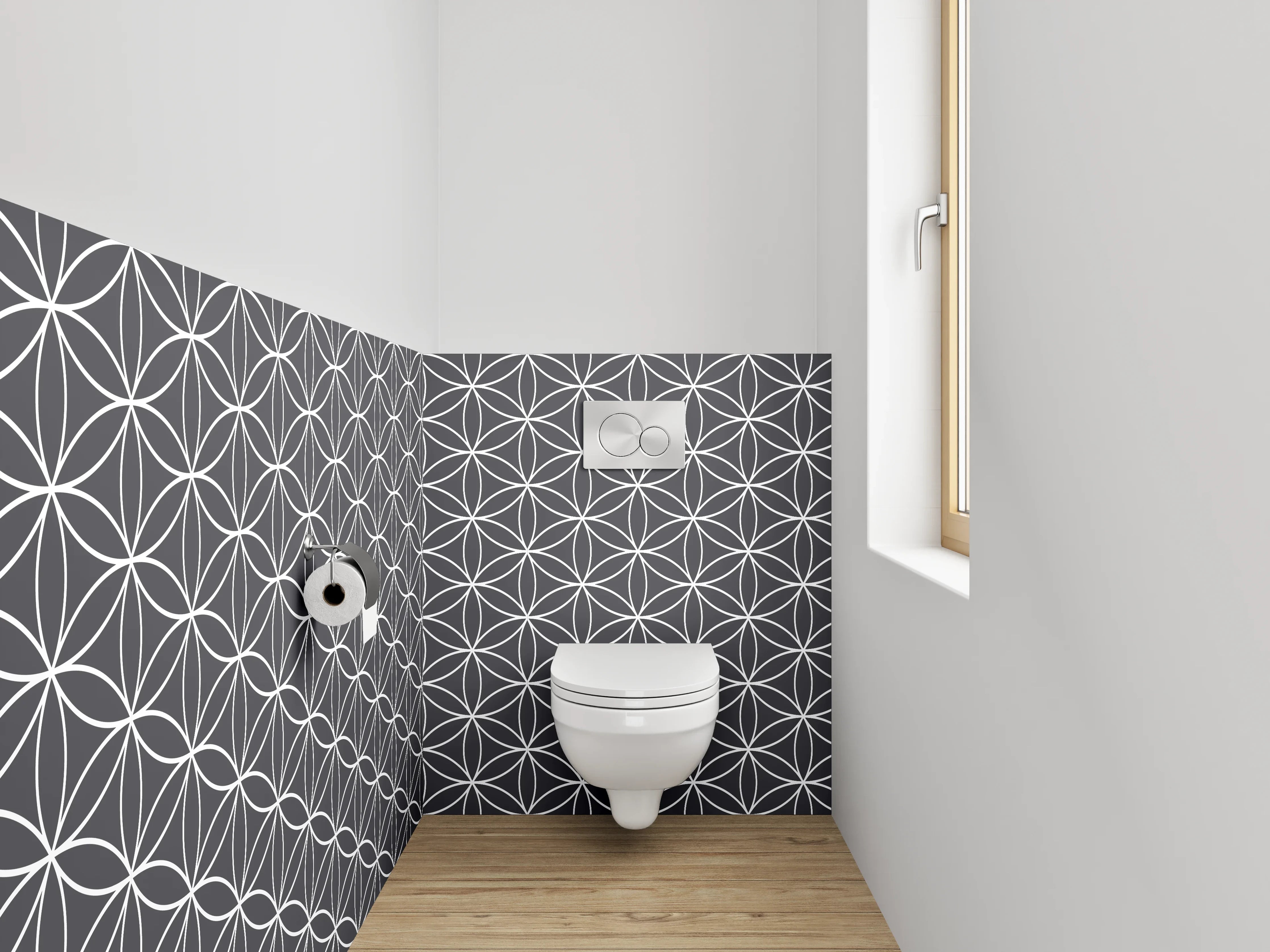 WC-Rückwand - Geometrisches Blütenmuster Schwarz-Weiß