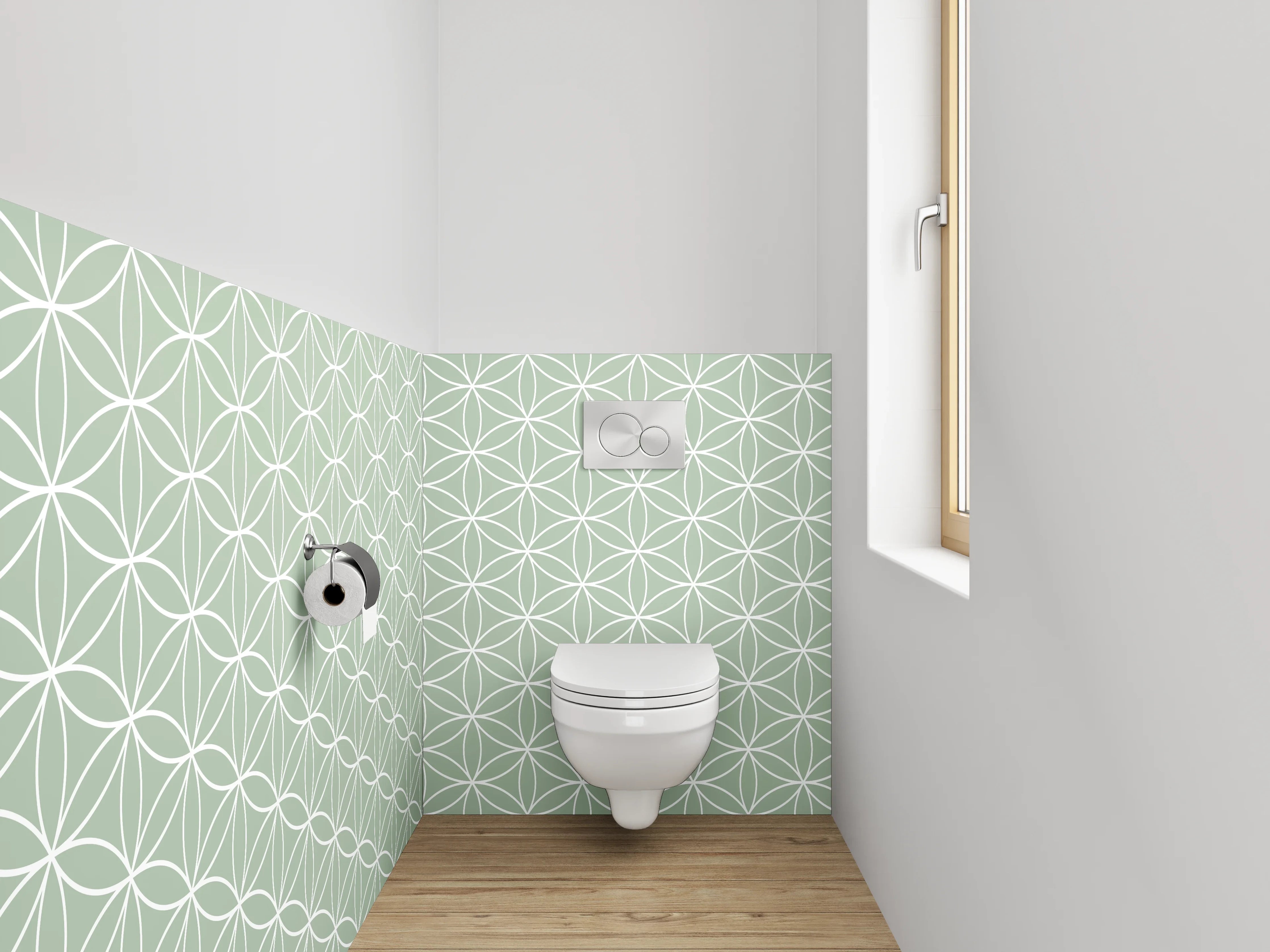 WC-Rückwand - Geometrisches Blütenmuster in Pastellgrün