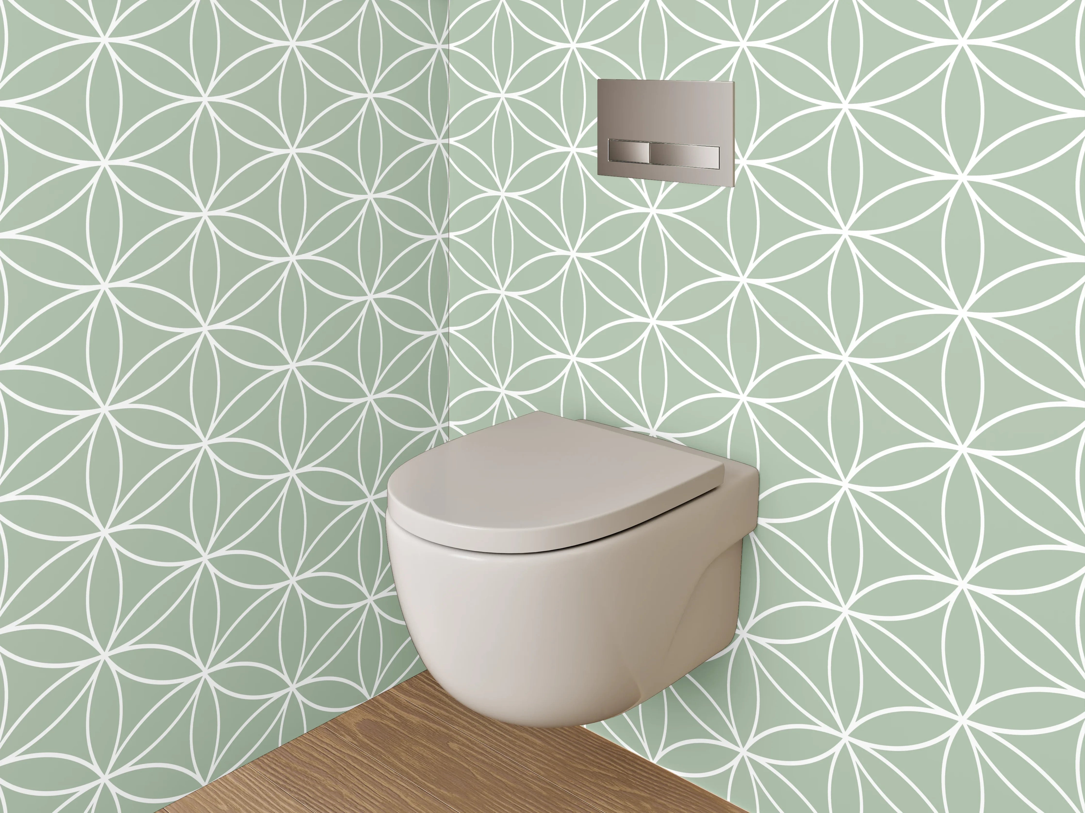 WC-Rückwand - Geometrisches Blütenmuster in Pastellgrün