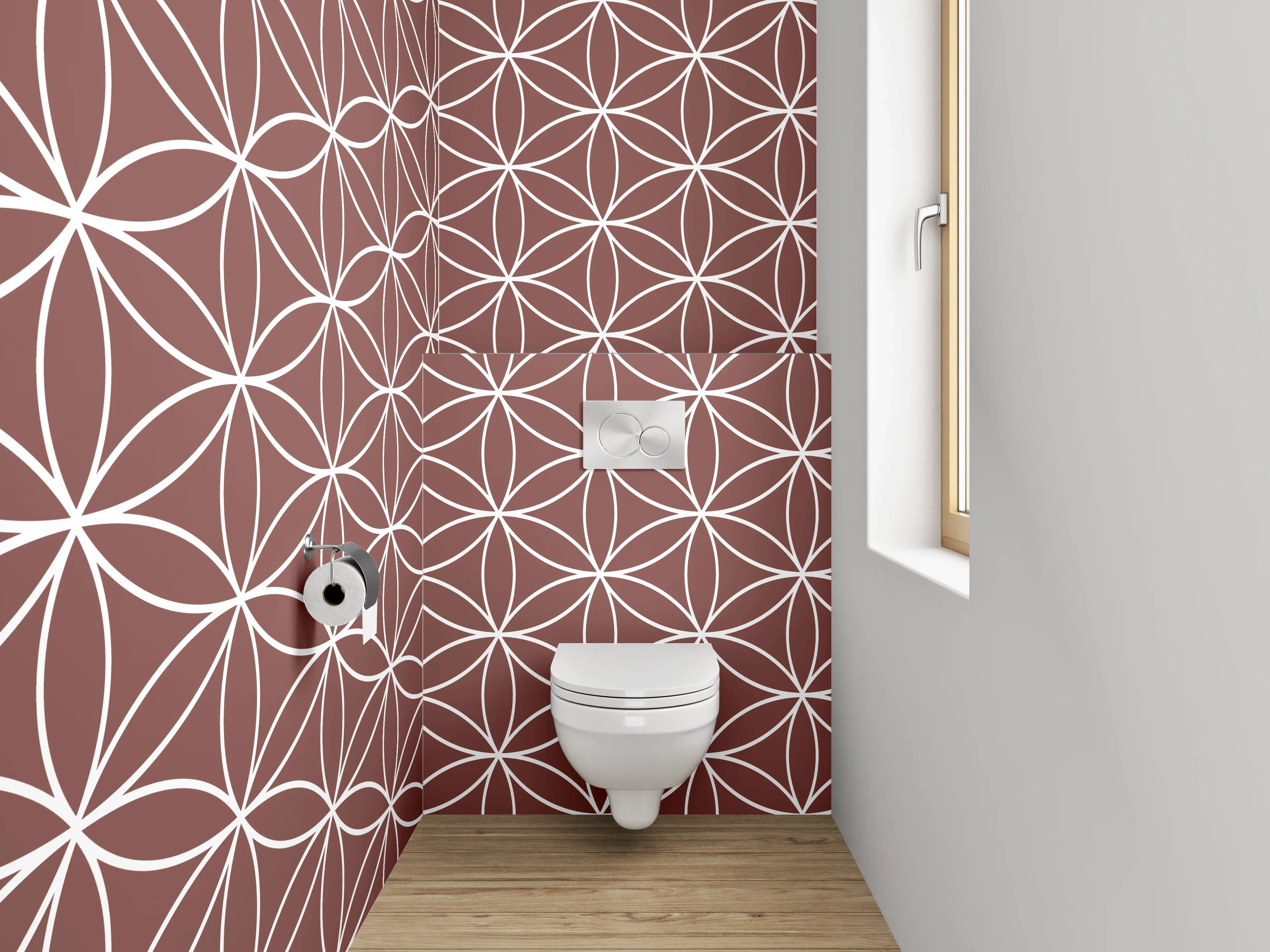 WC-Rückwand - Geometrisches Blumenmuster Braun Weiß