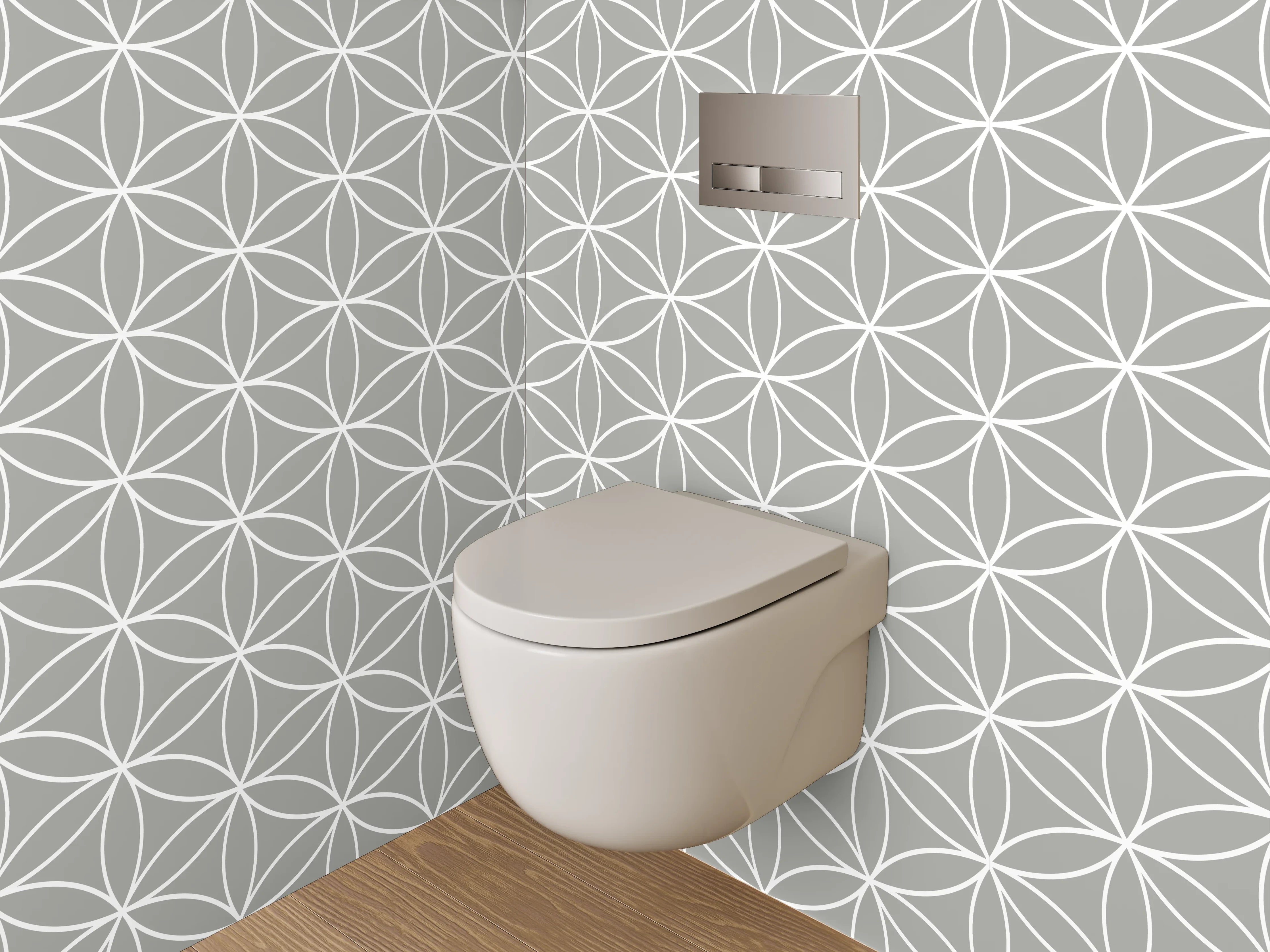 WC-Rückwand - Geometrisches Blumenmuster Weiß auf Grau