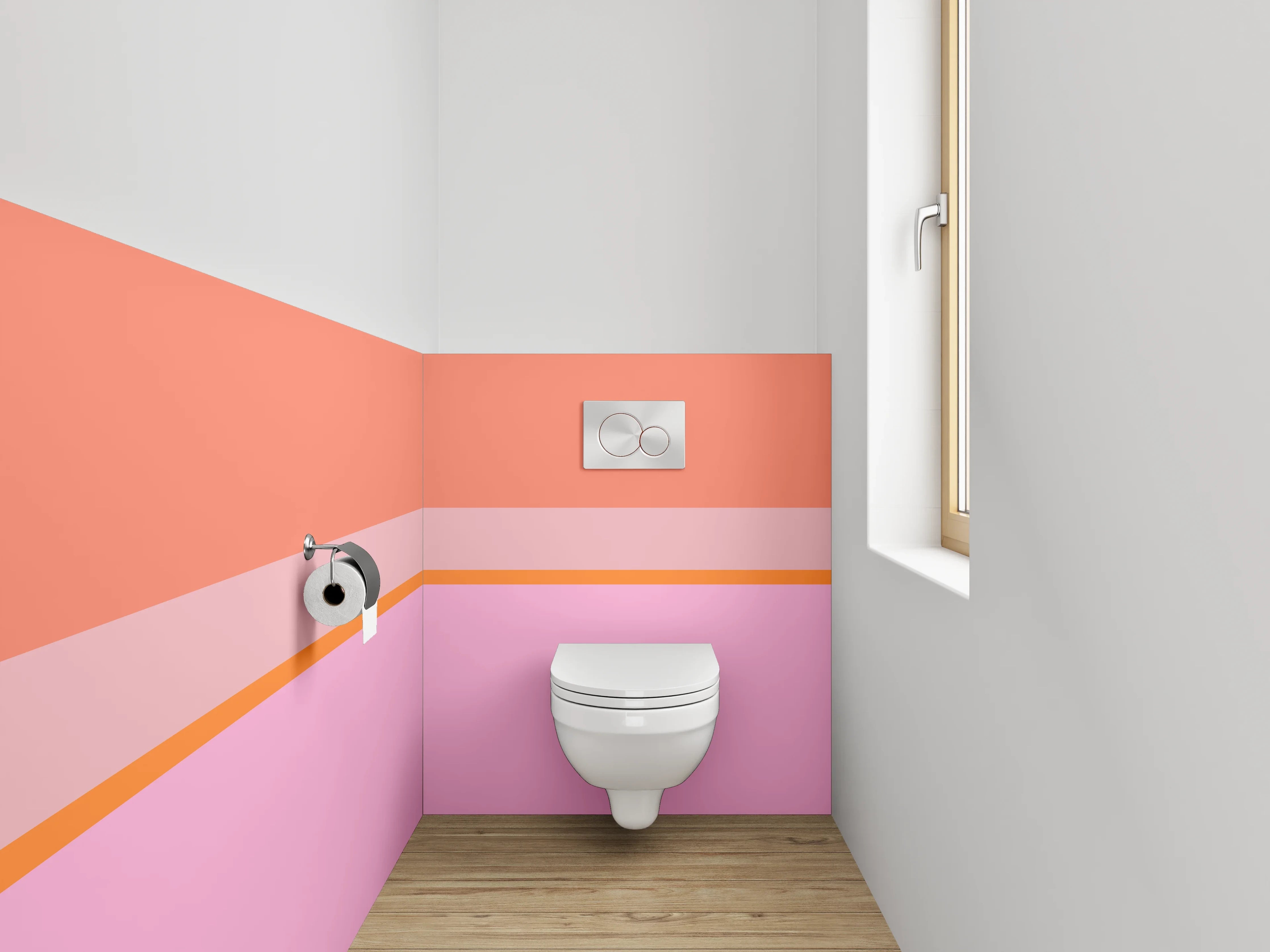 WC-Rückwand - Geometrisches Farbspiel in Rosa und Orange