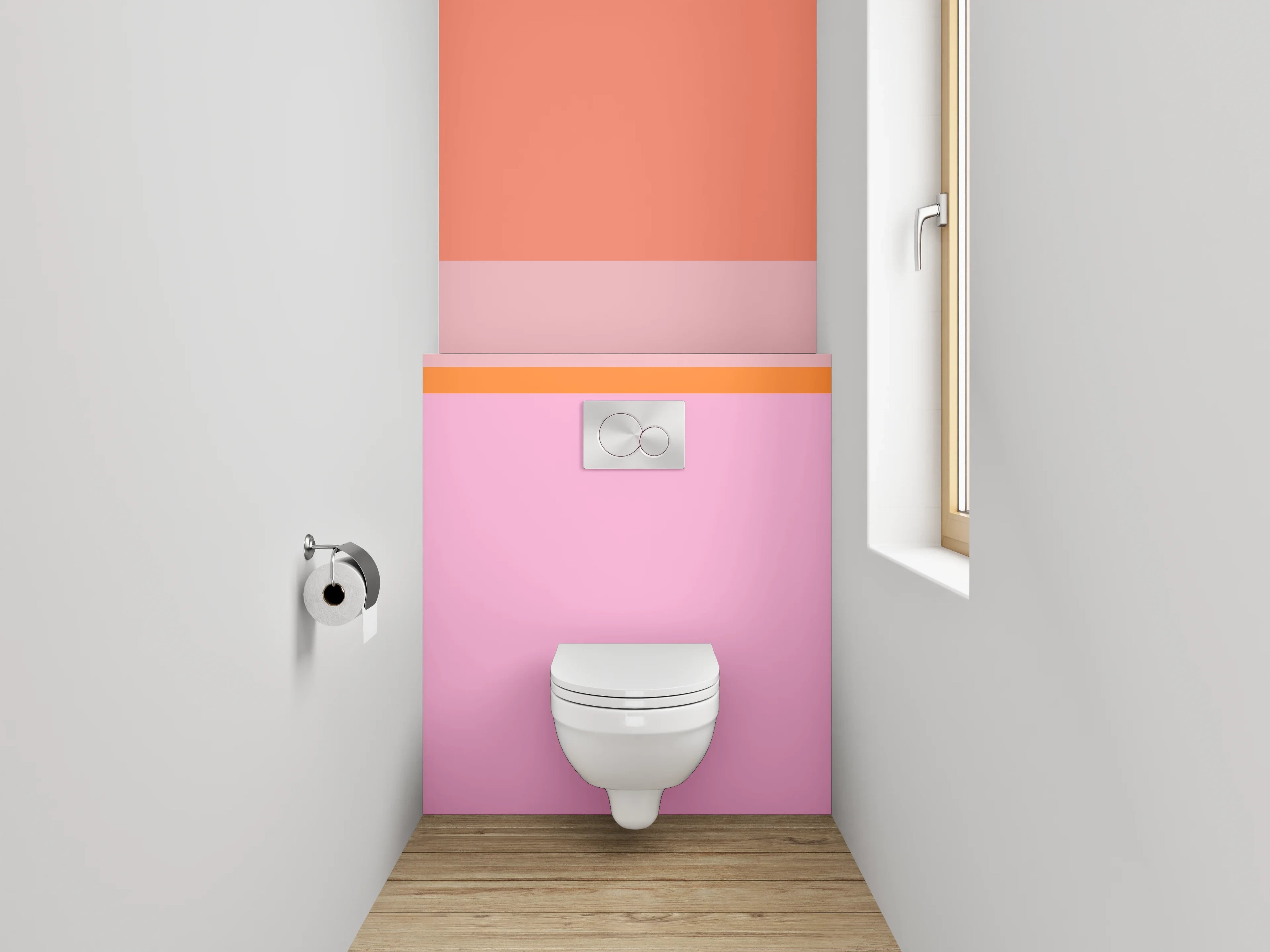 WC-Rückwand - Geometrisches Farbspiel in Rosa und Orange