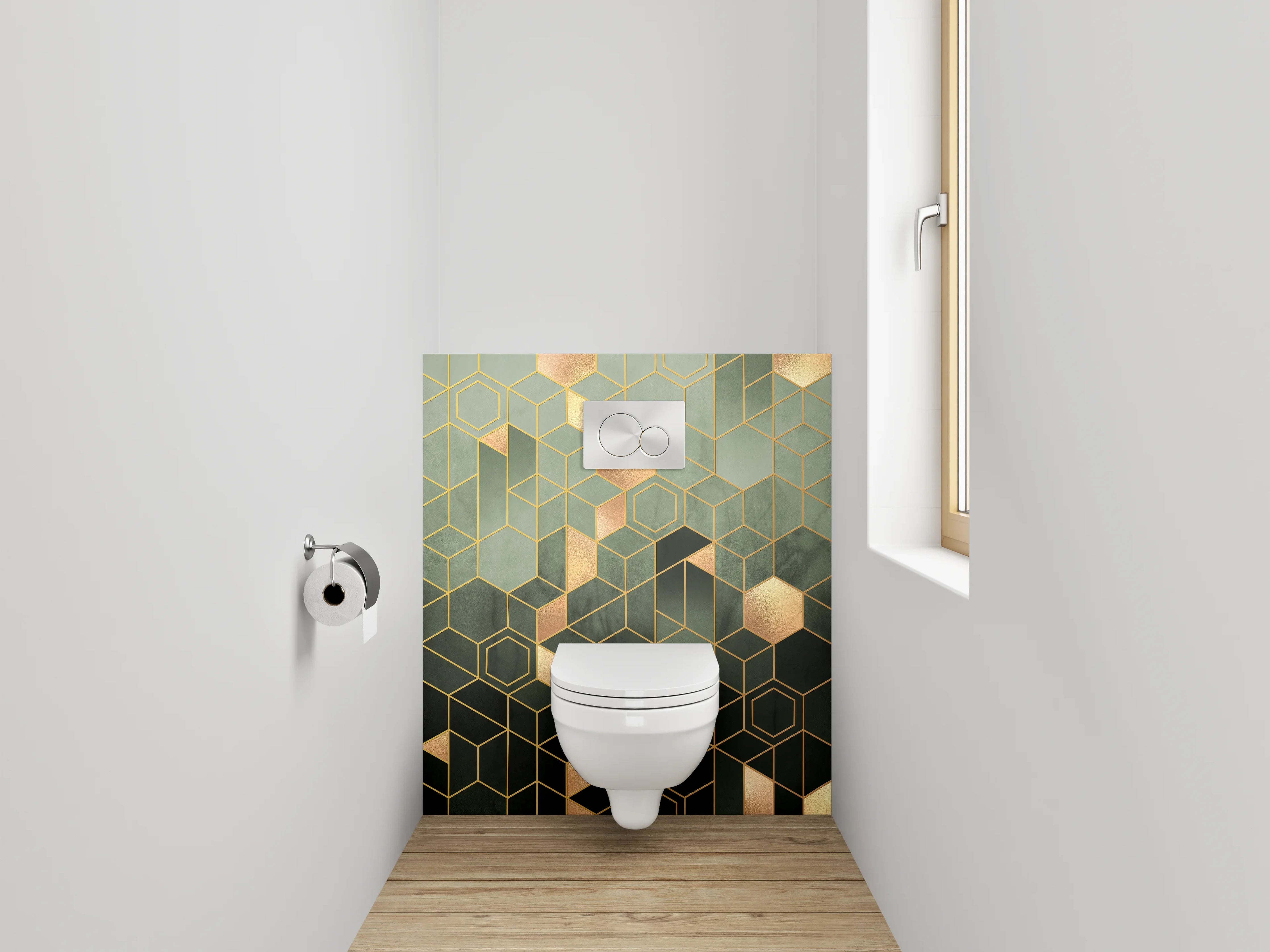 WC-Rückwand - Geometrisches Gold Muster auf Grün