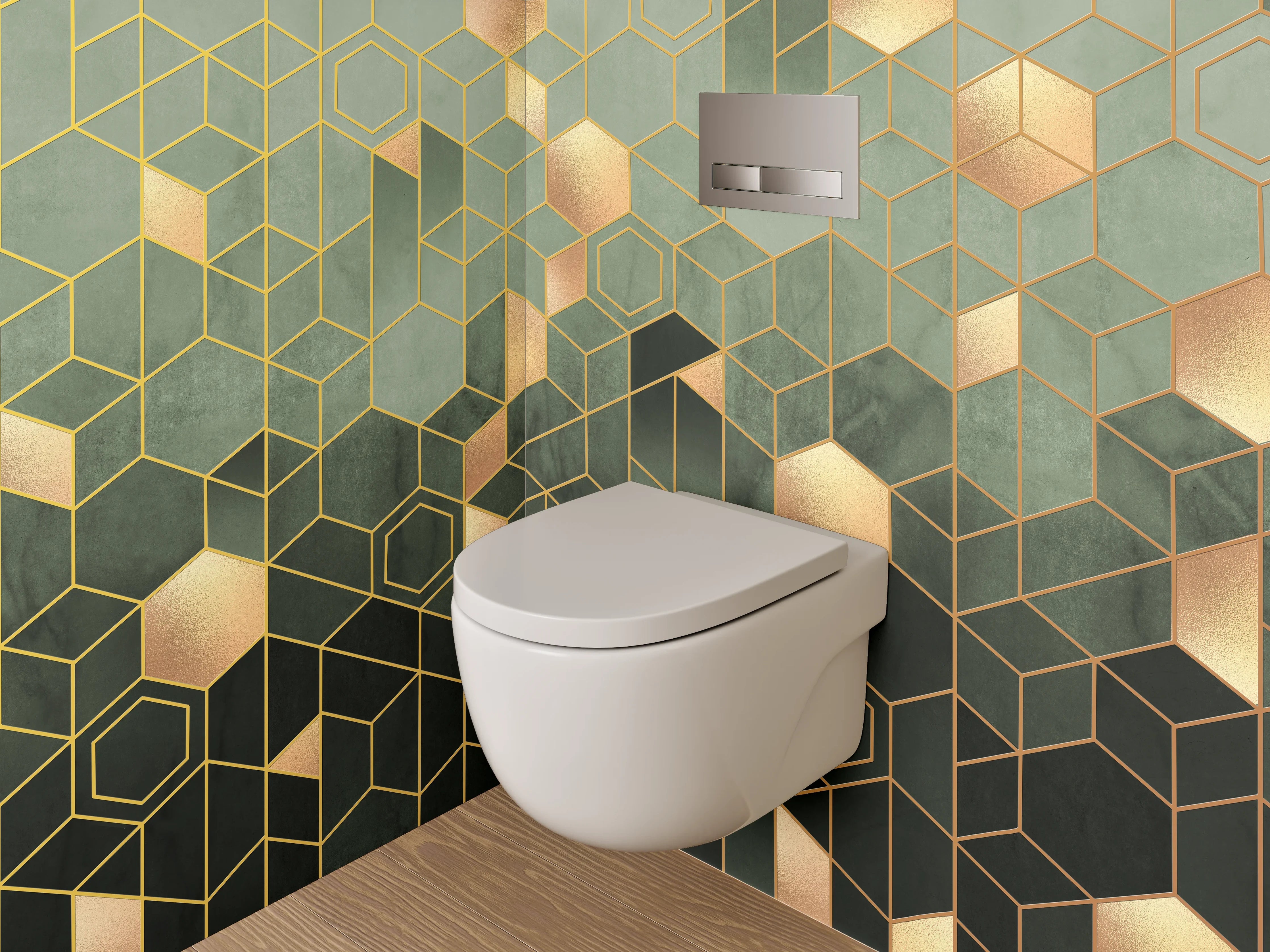 WC-Rückwand - Geometrisches Gold Muster auf Grün