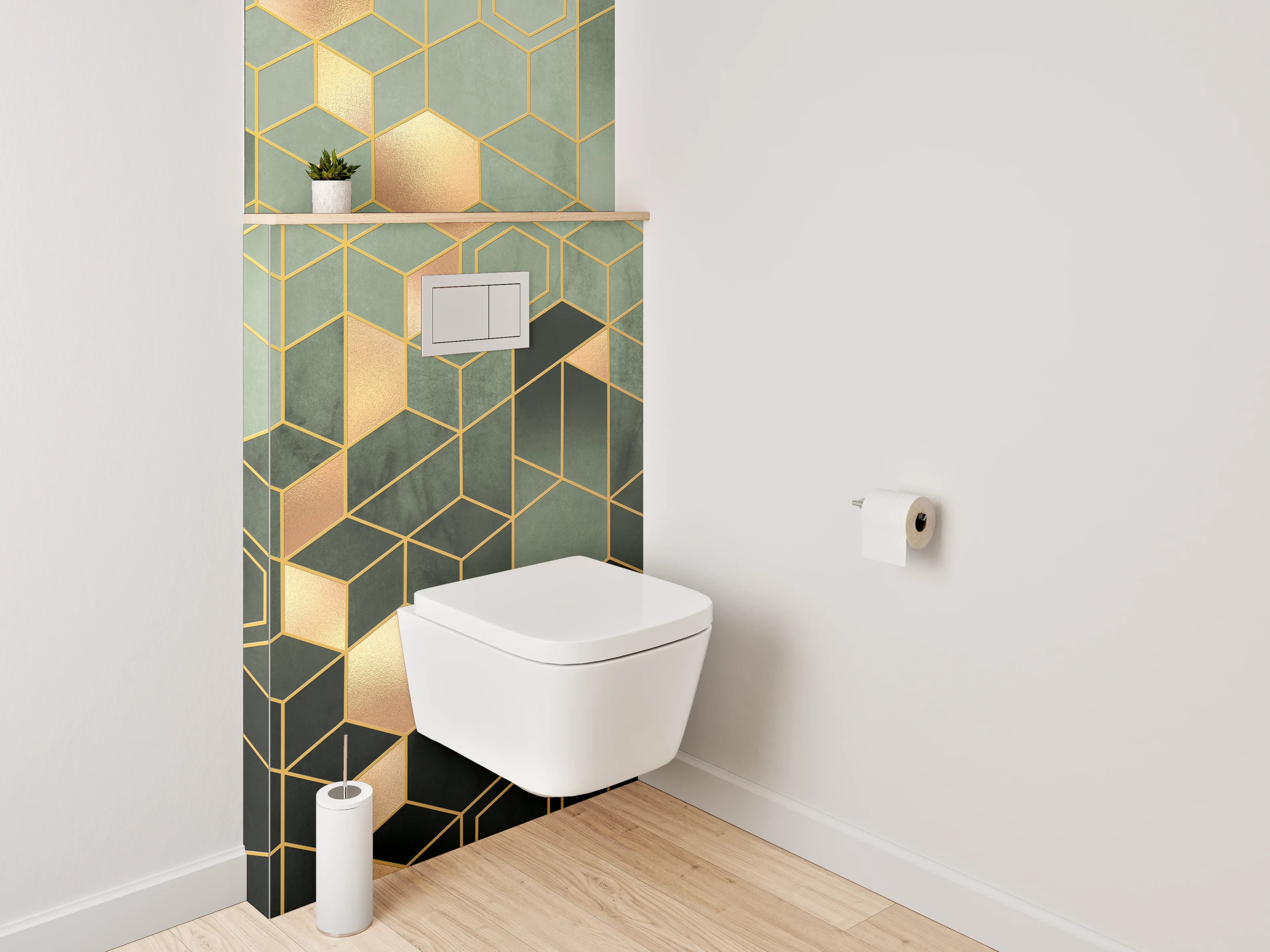 WC-Rückwand - Geometrisches Gold Muster auf Grün