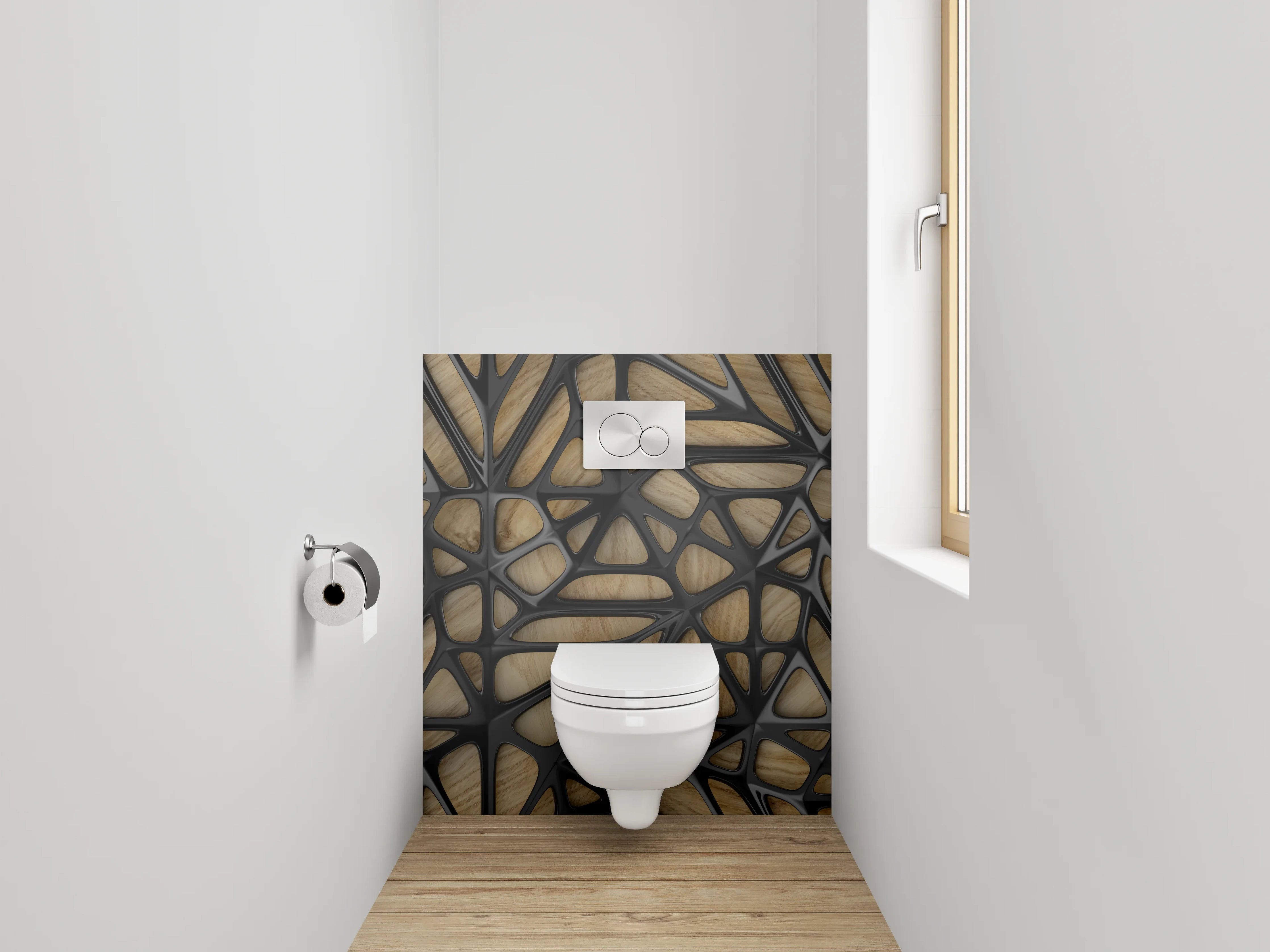 WC-Rückwand - Geometrisches Holz-Muster mit Schwarz