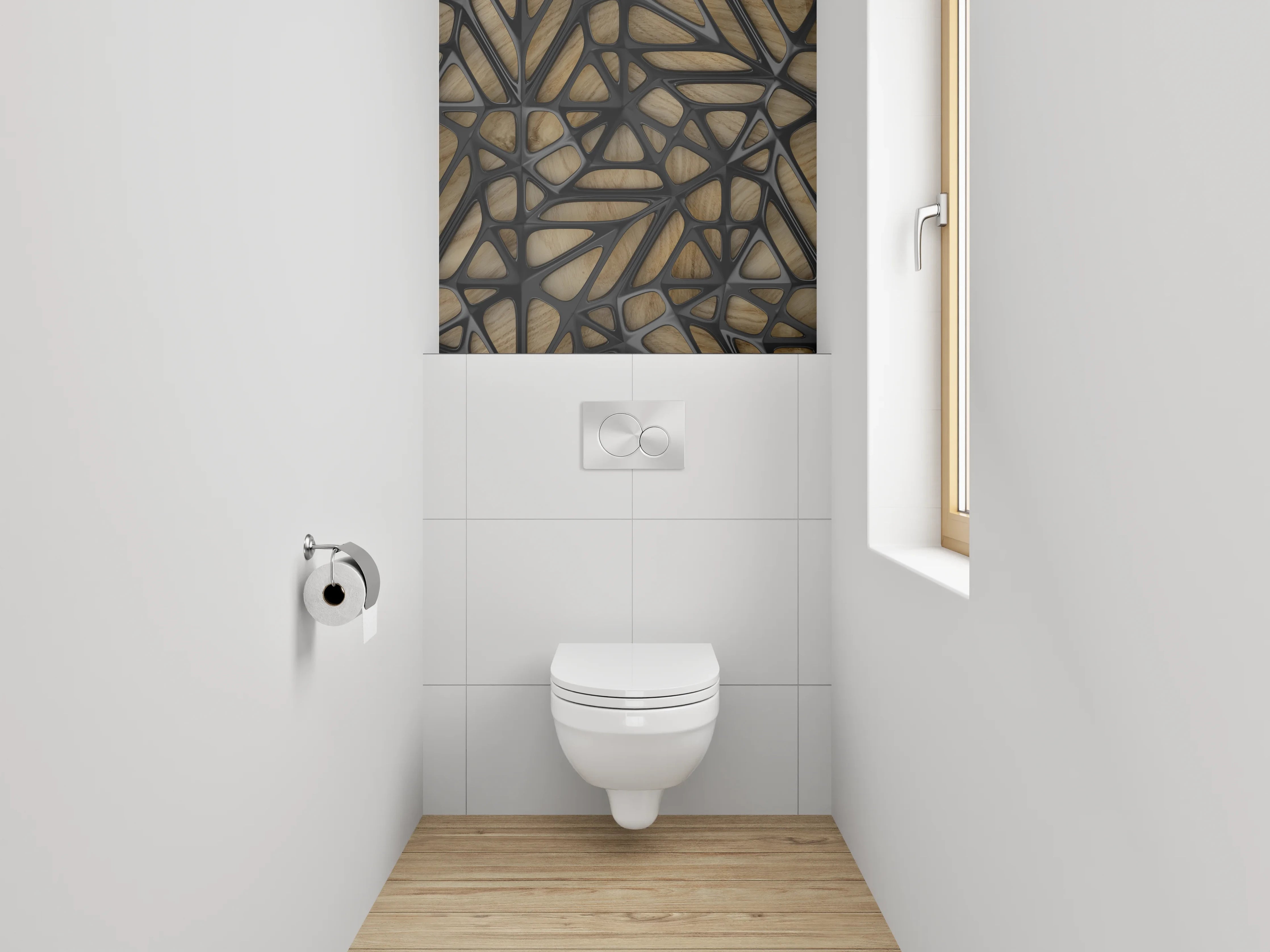WC-Rückwand - Geometrisches Holz-Muster mit Schwarz