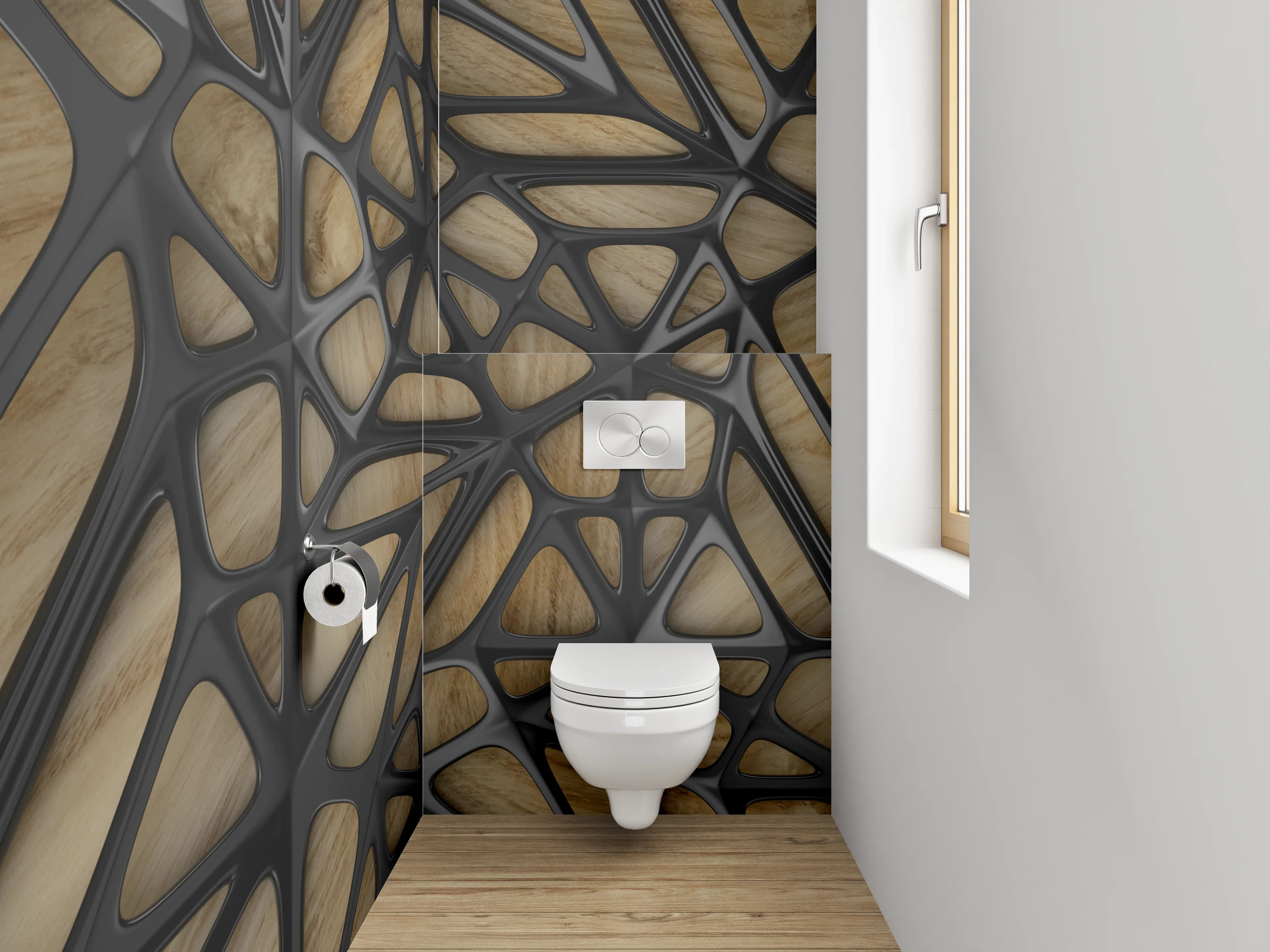 WC-Rückwand - Geometrisches Holz-Muster mit Schwarz