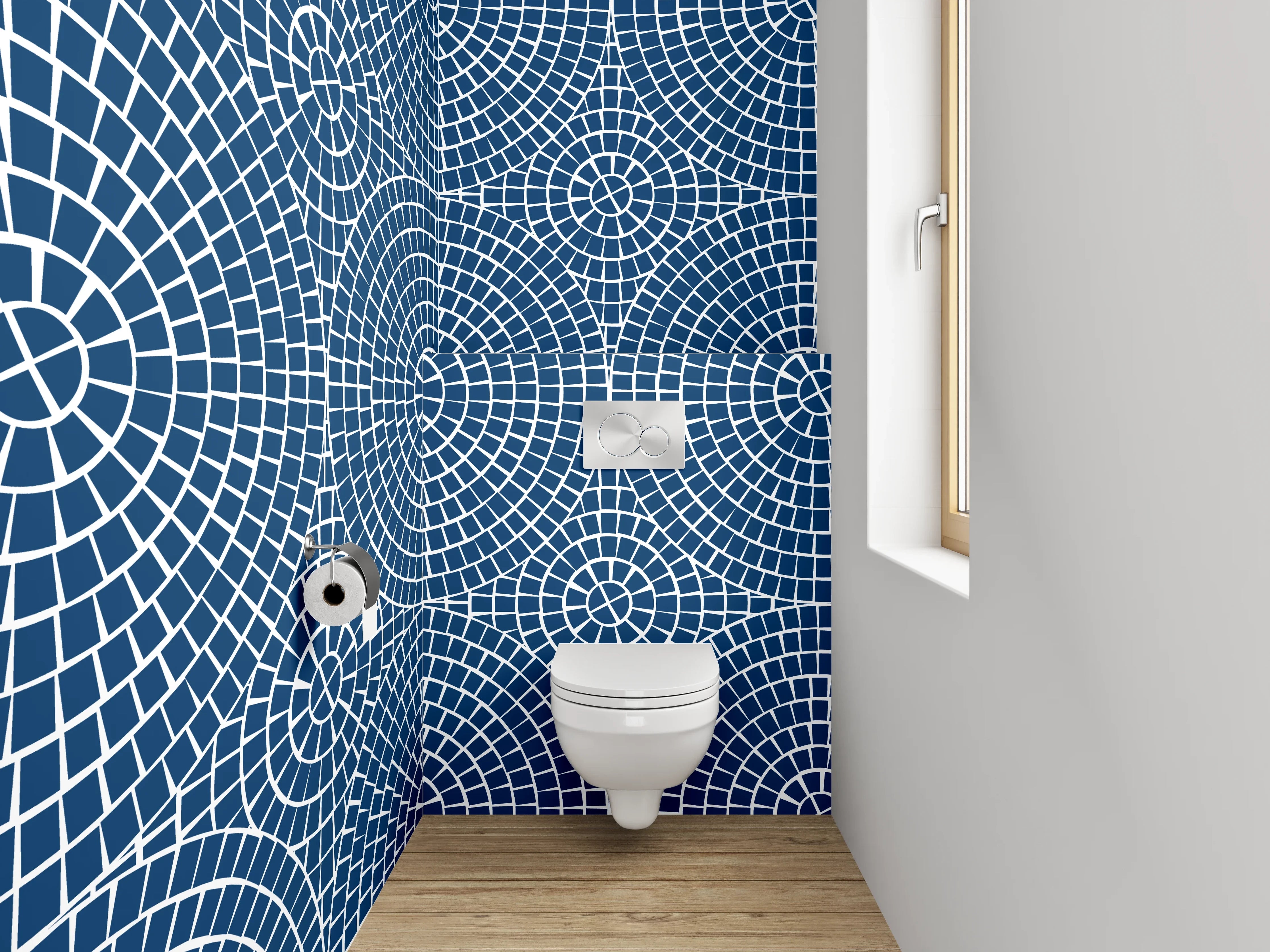 WC-Rückwand - Geometrisches Kreismuster Blau Weiß