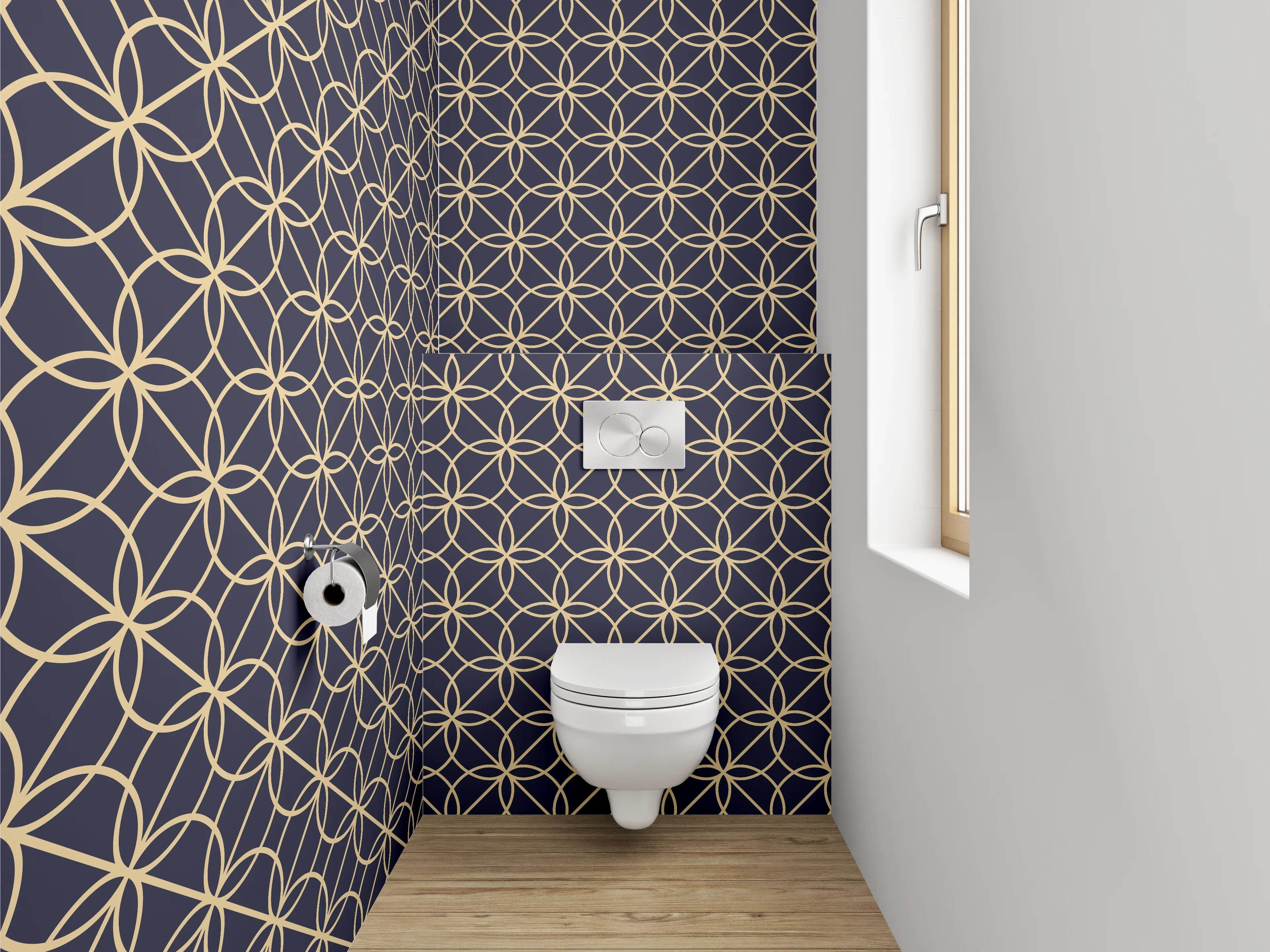 WC-Rückwand - Geometrisches Kreismuster Gold auf Dunkelgrau