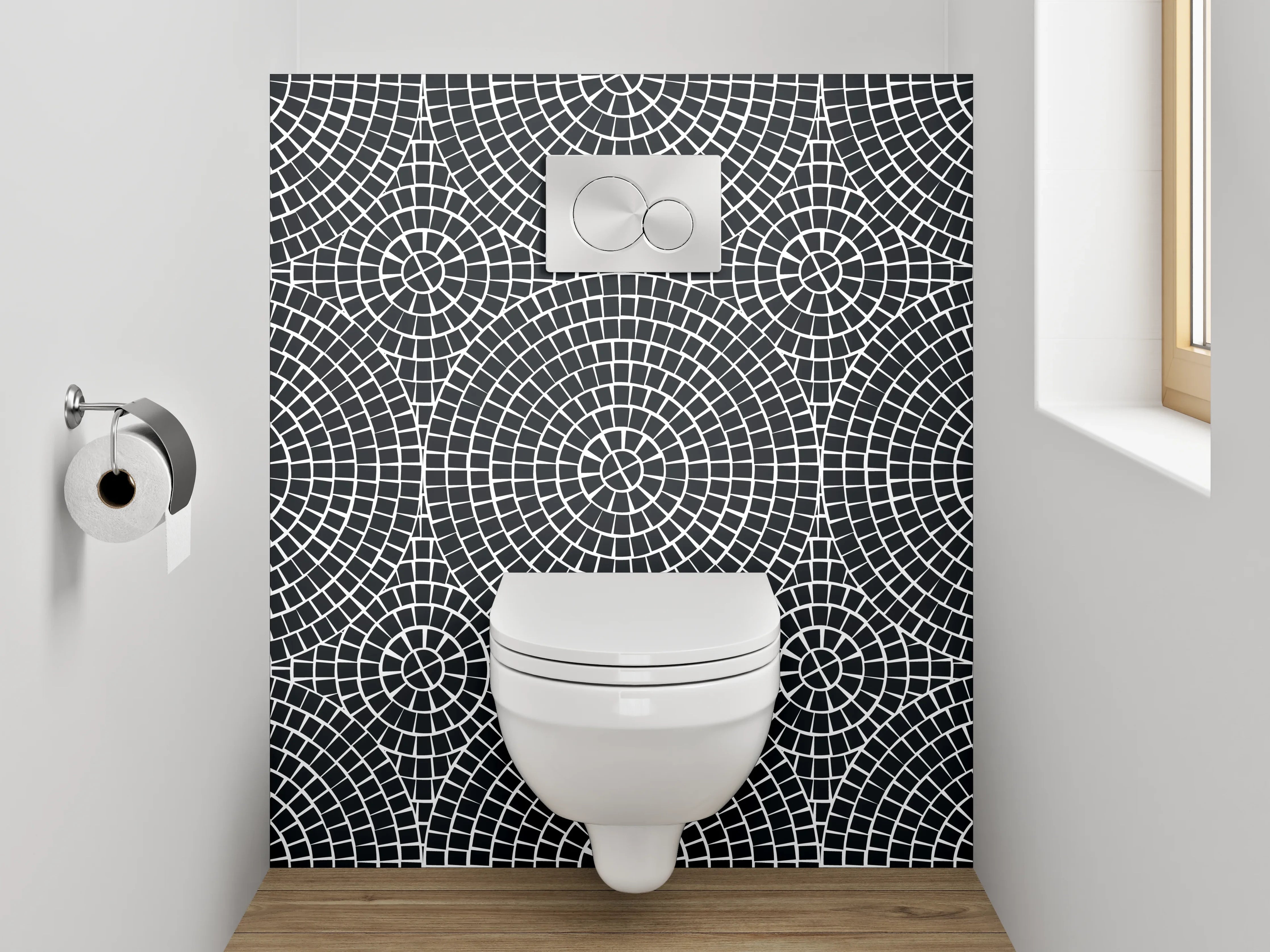 WC-Rückwand - Geometrisches Kreismuster Schwarz-Weiß