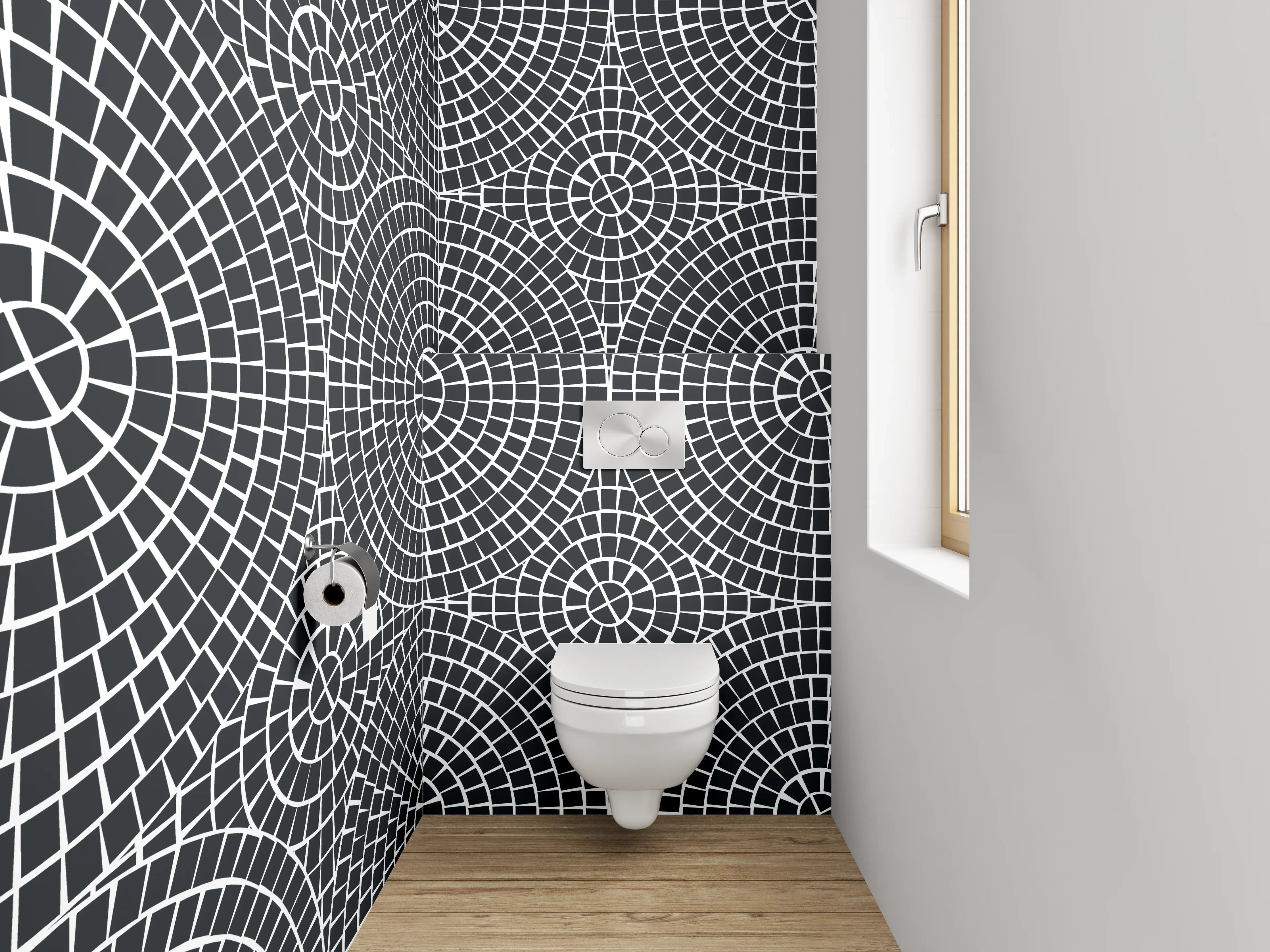 WC-Rückwand - Geometrisches Kreismuster Schwarz-Weiß