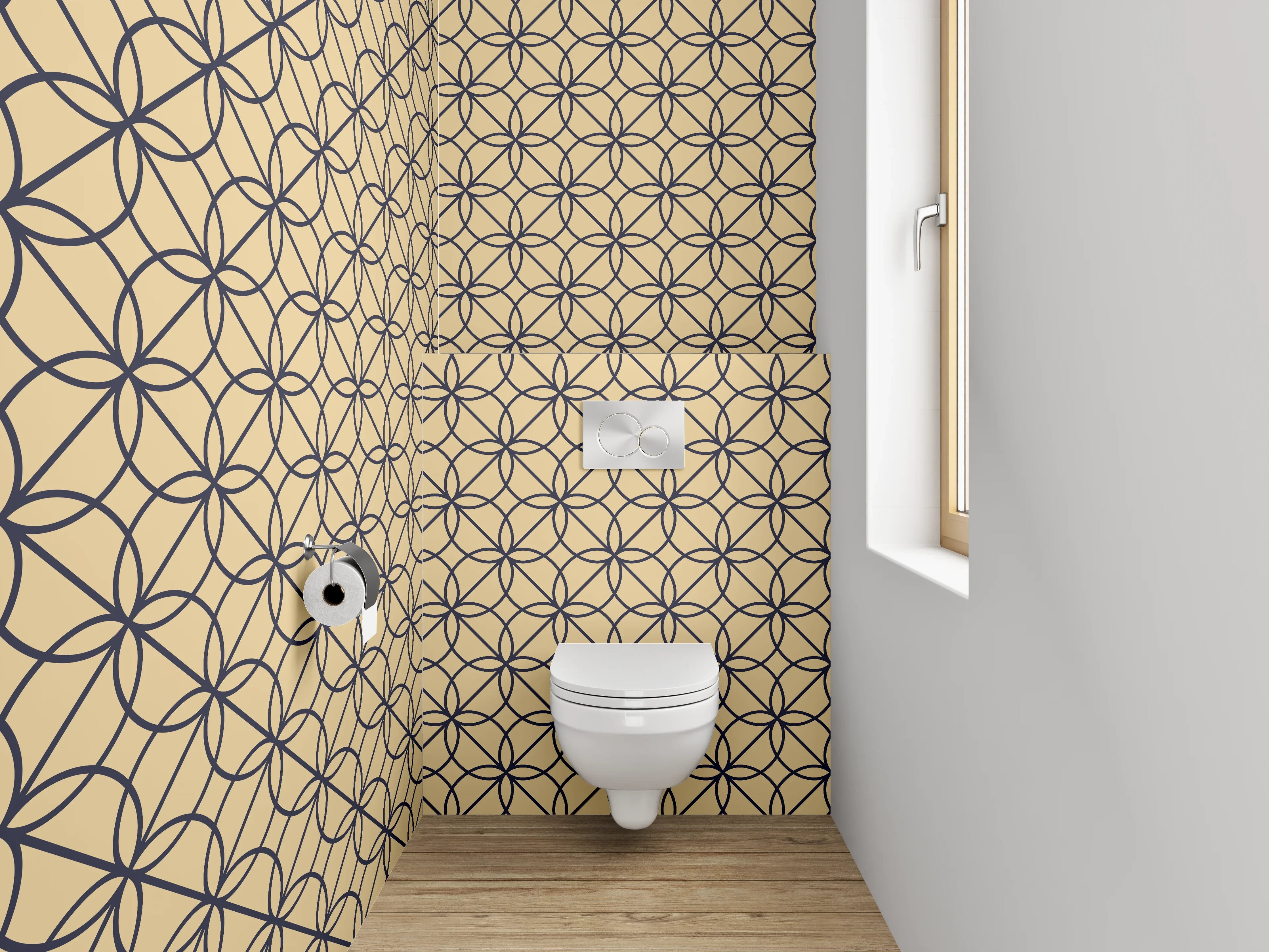 WC-Rückwand - Geometrisches Kreismuster Tapete Beige Schwarz