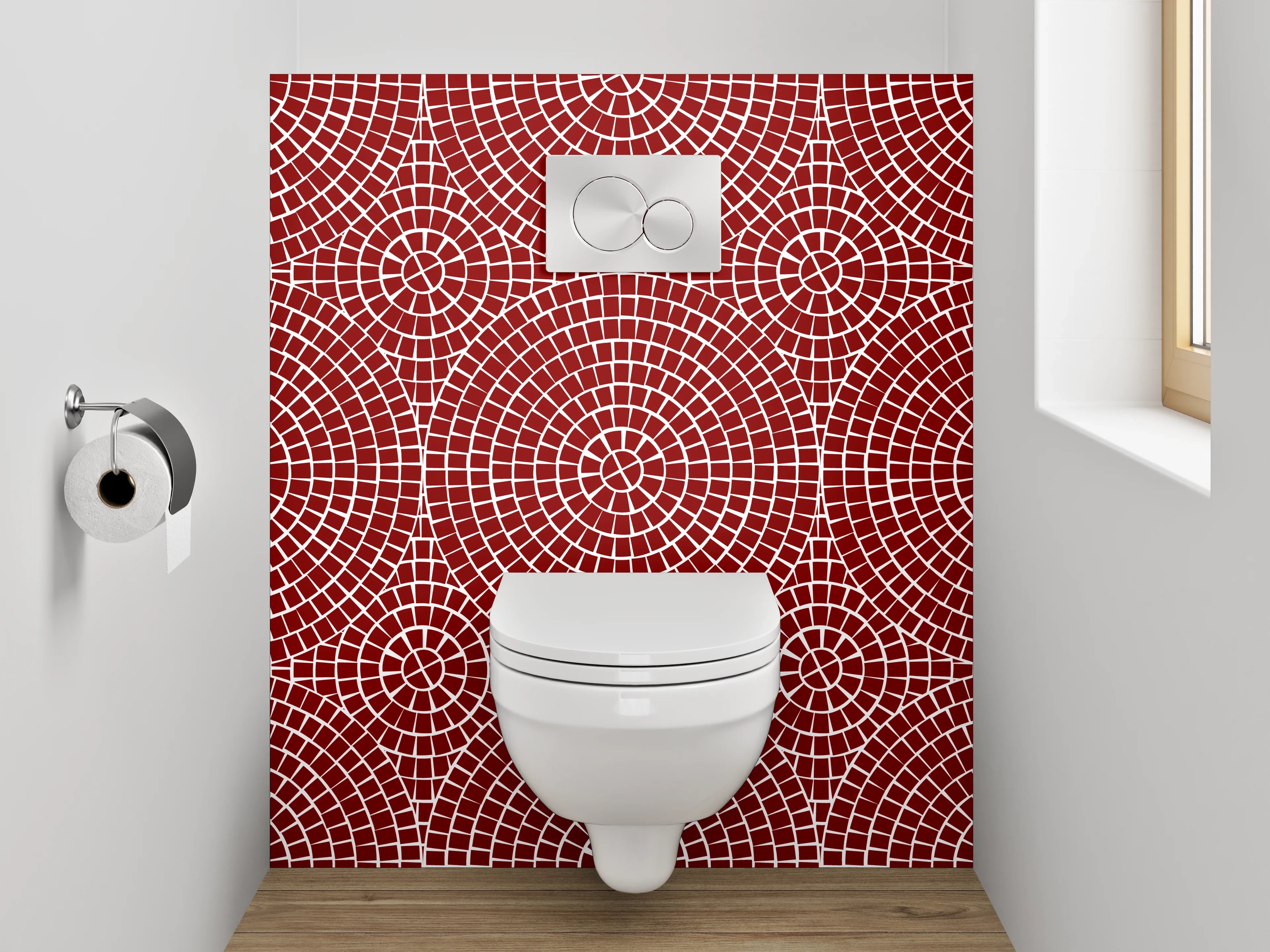 WC-Rückwand - Geometrisches Kreismuster auf Rot