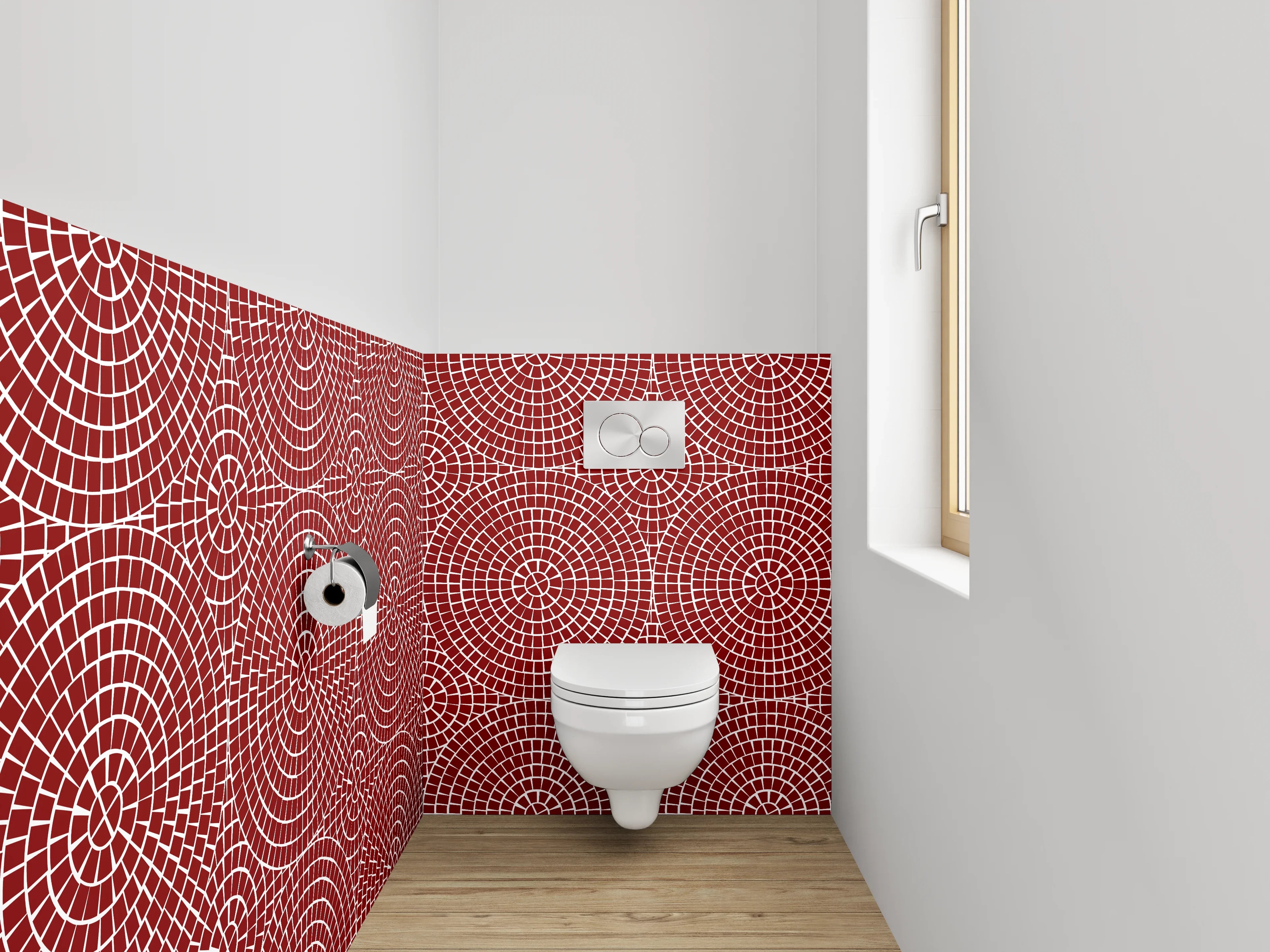 WC-Rückwand - Geometrisches Kreismuster auf Rot