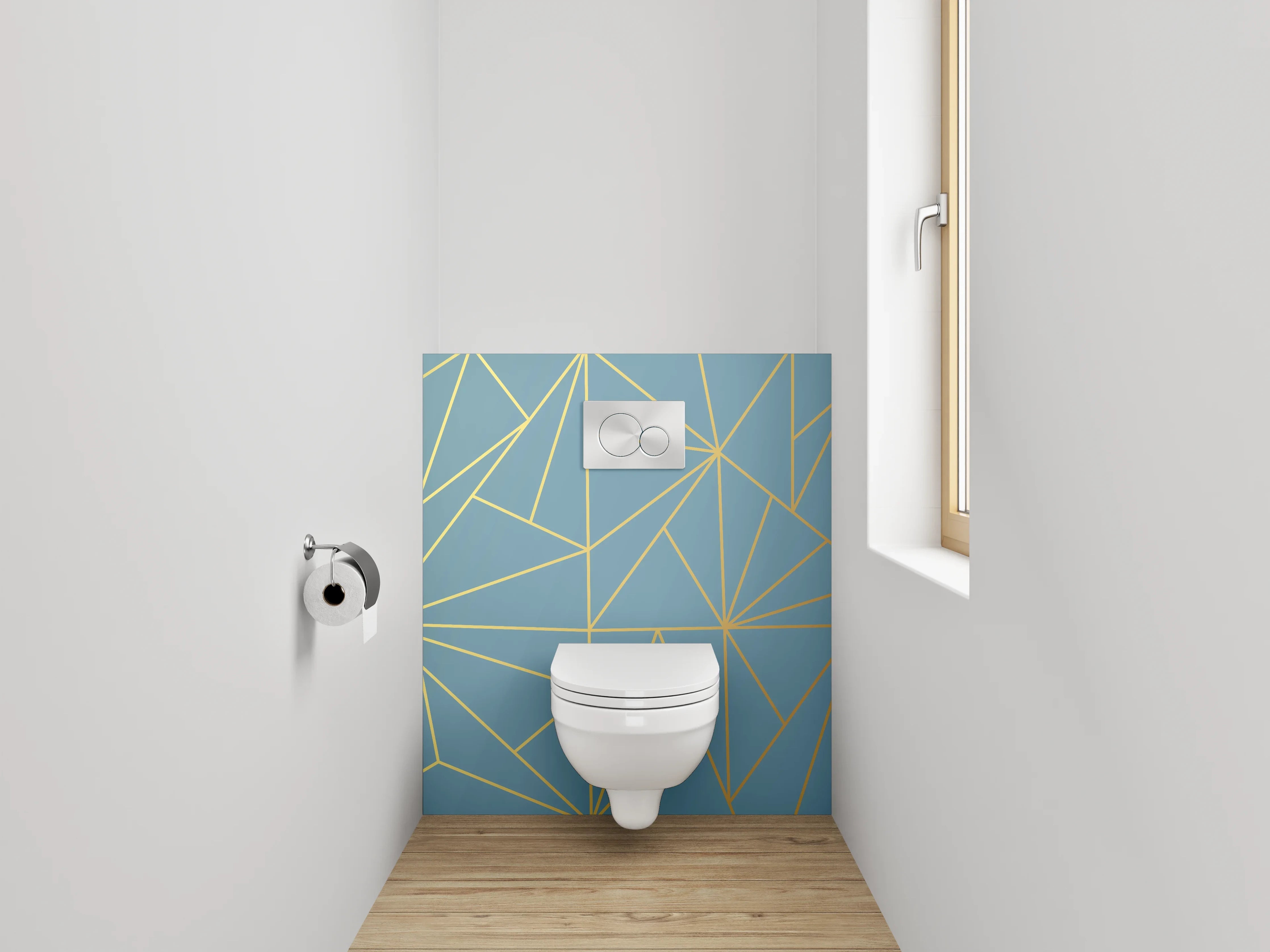WC-Rückwand - Geometrisches Linienmuster in Blau und Gold