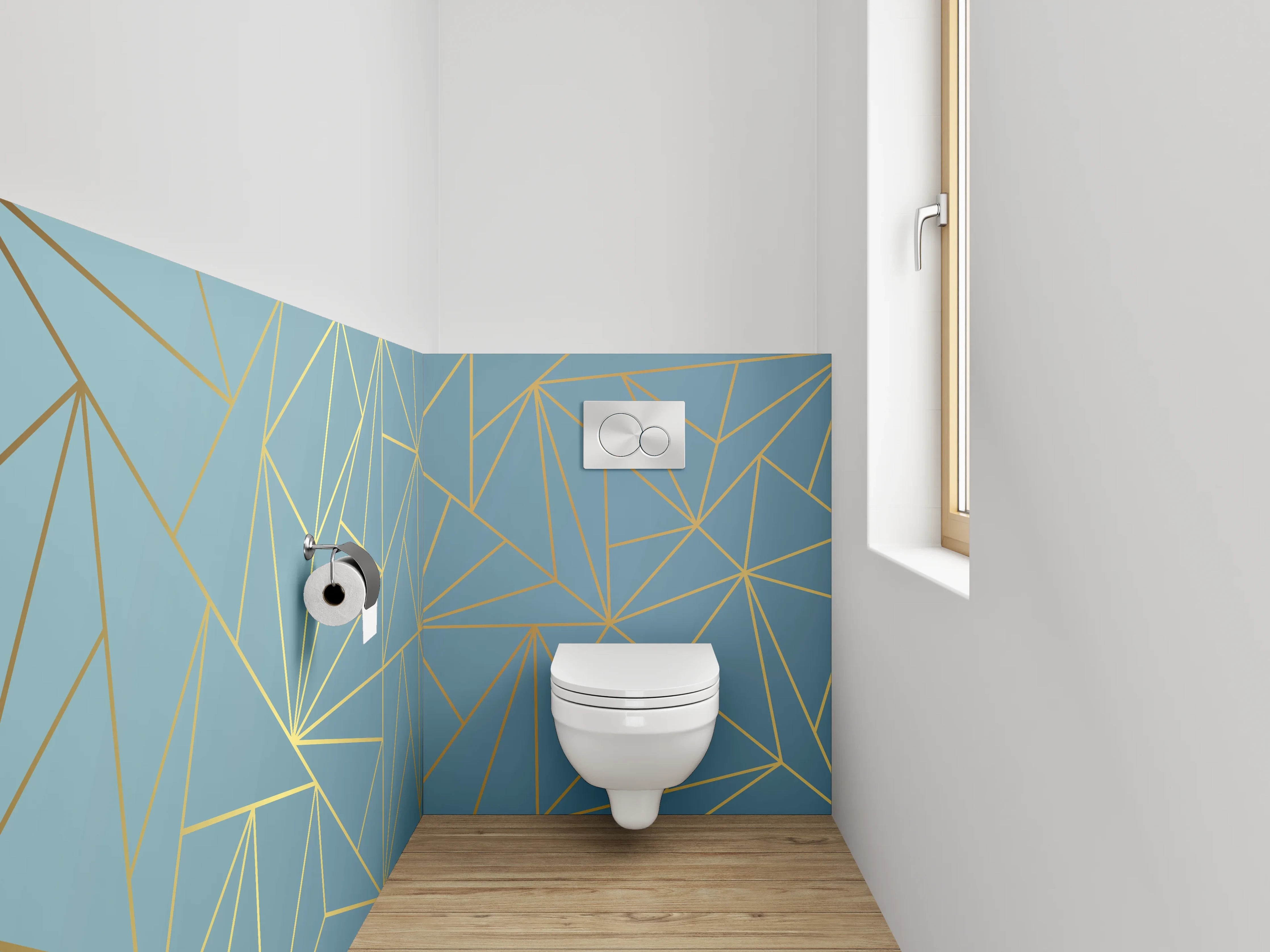 WC-Rückwand - Geometrisches Linienmuster in Blau und Gold
