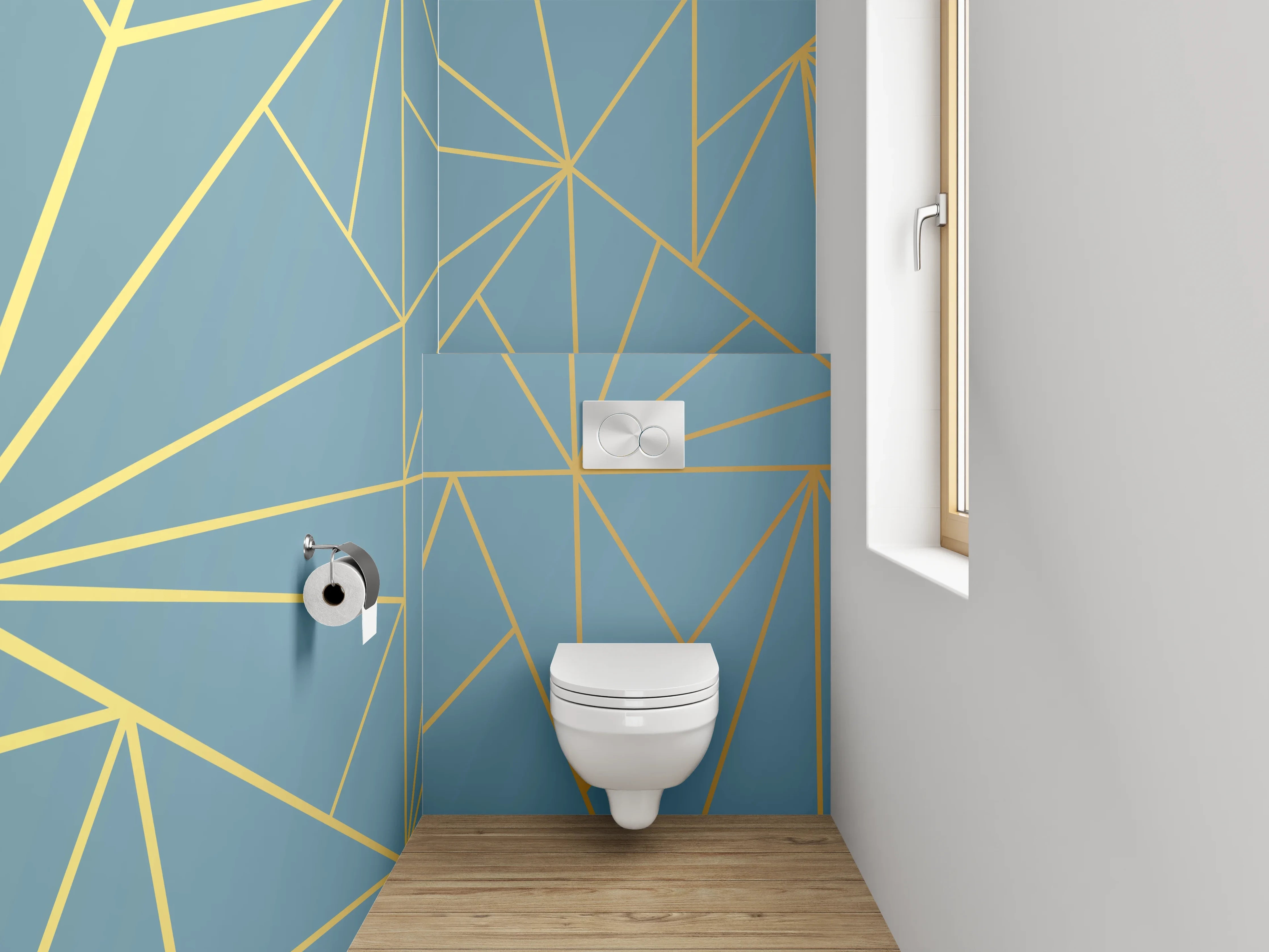 WC-Rückwand - Geometrisches Linienmuster in Blau und Gold