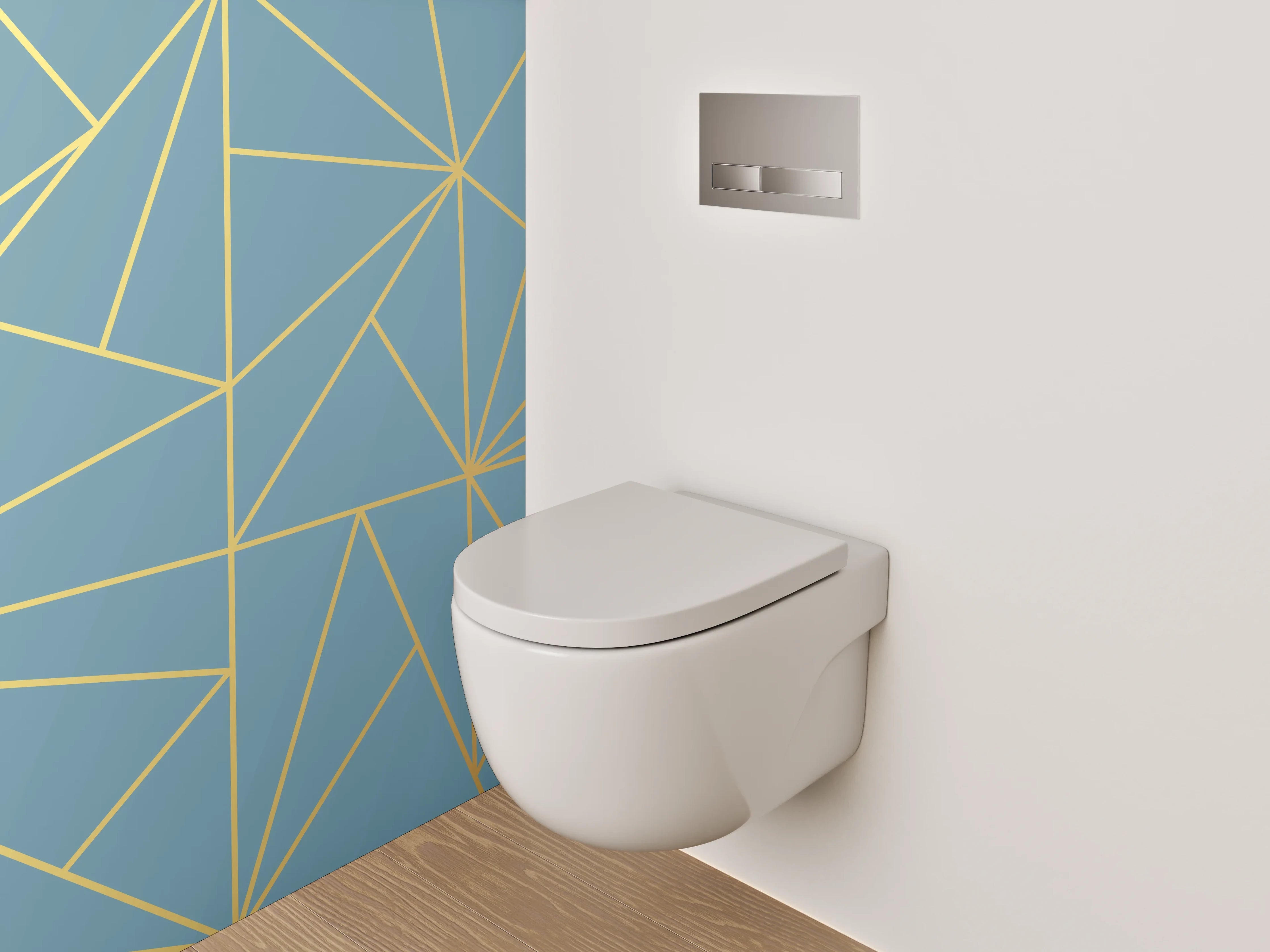 WC-Rückwand - Geometrisches Linienmuster in Blau und Gold