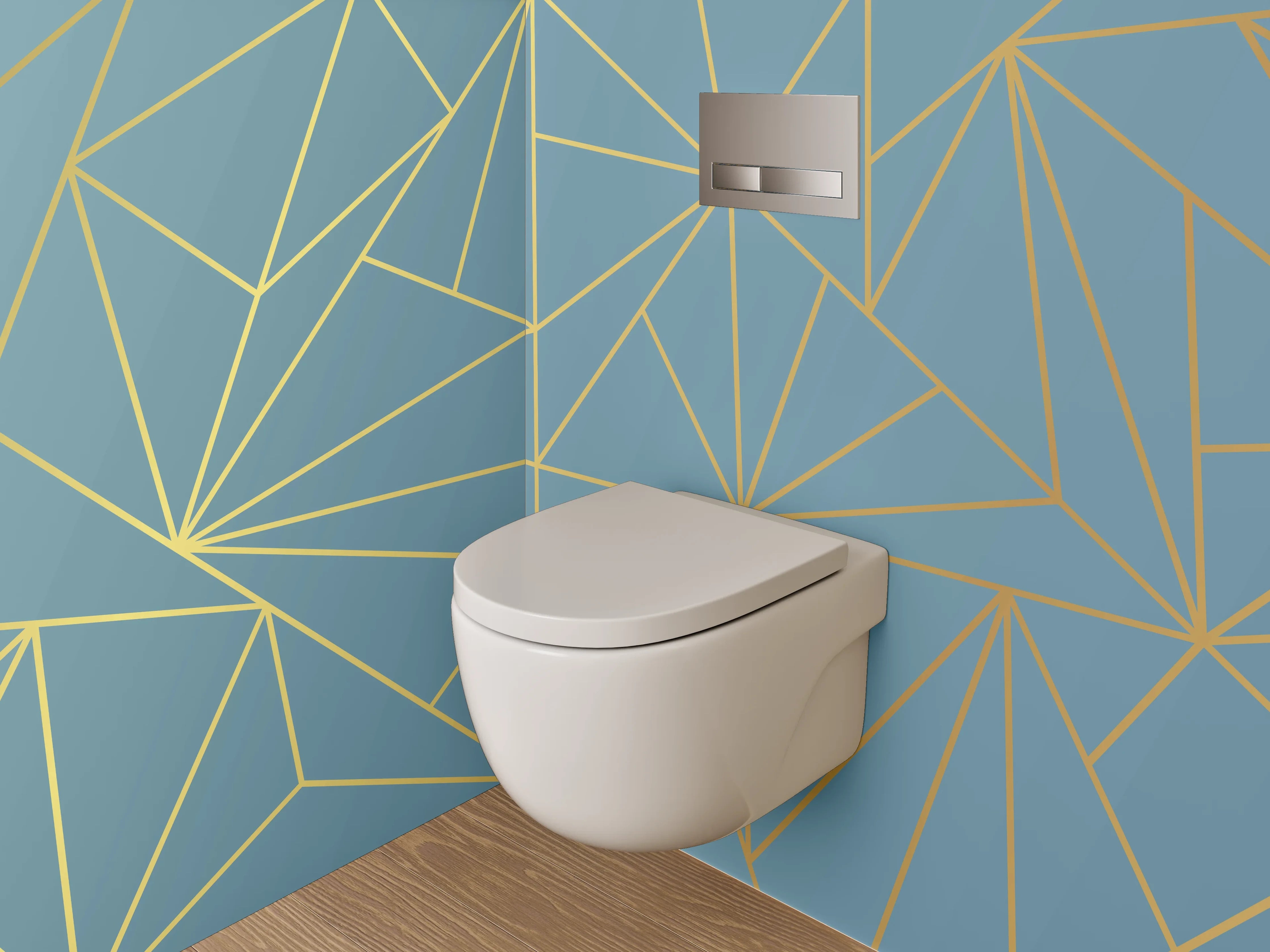 WC-Rückwand - Geometrisches Linienmuster in Blau und Gold