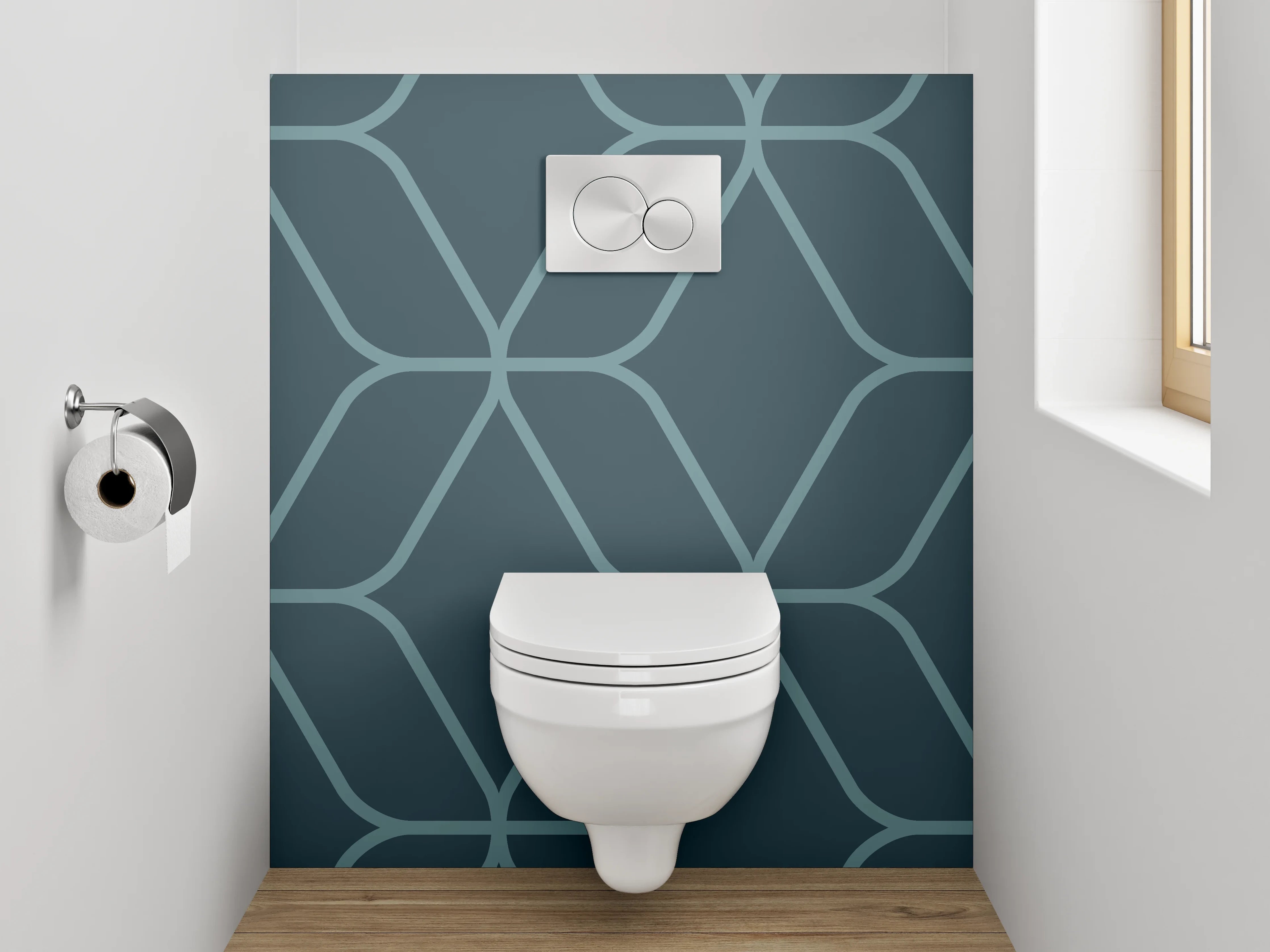 WC-Rückwand - Geometrisches Linienmuster in Blaugrün