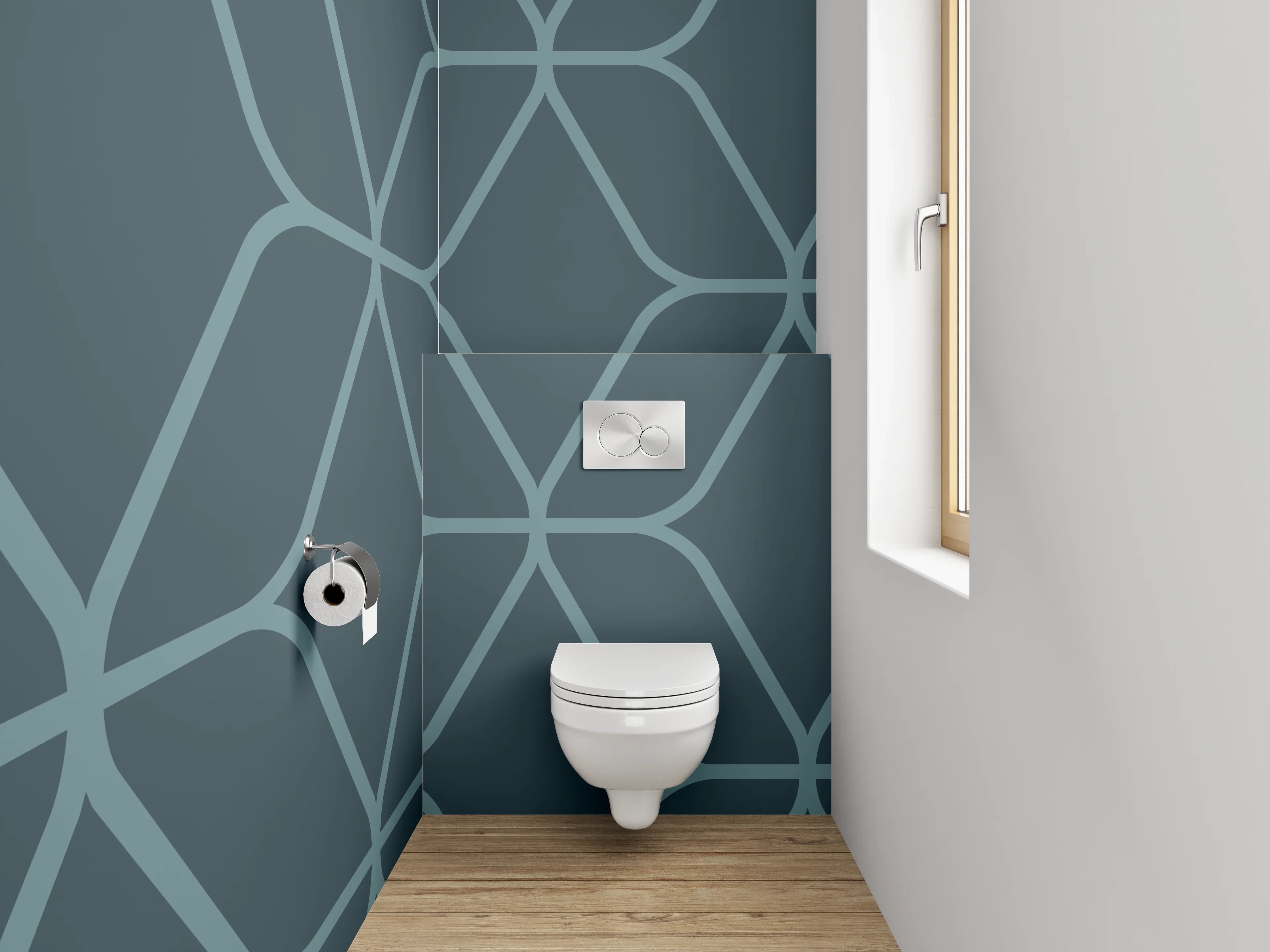 WC-Rückwand - Geometrisches Linienmuster in Blaugrün