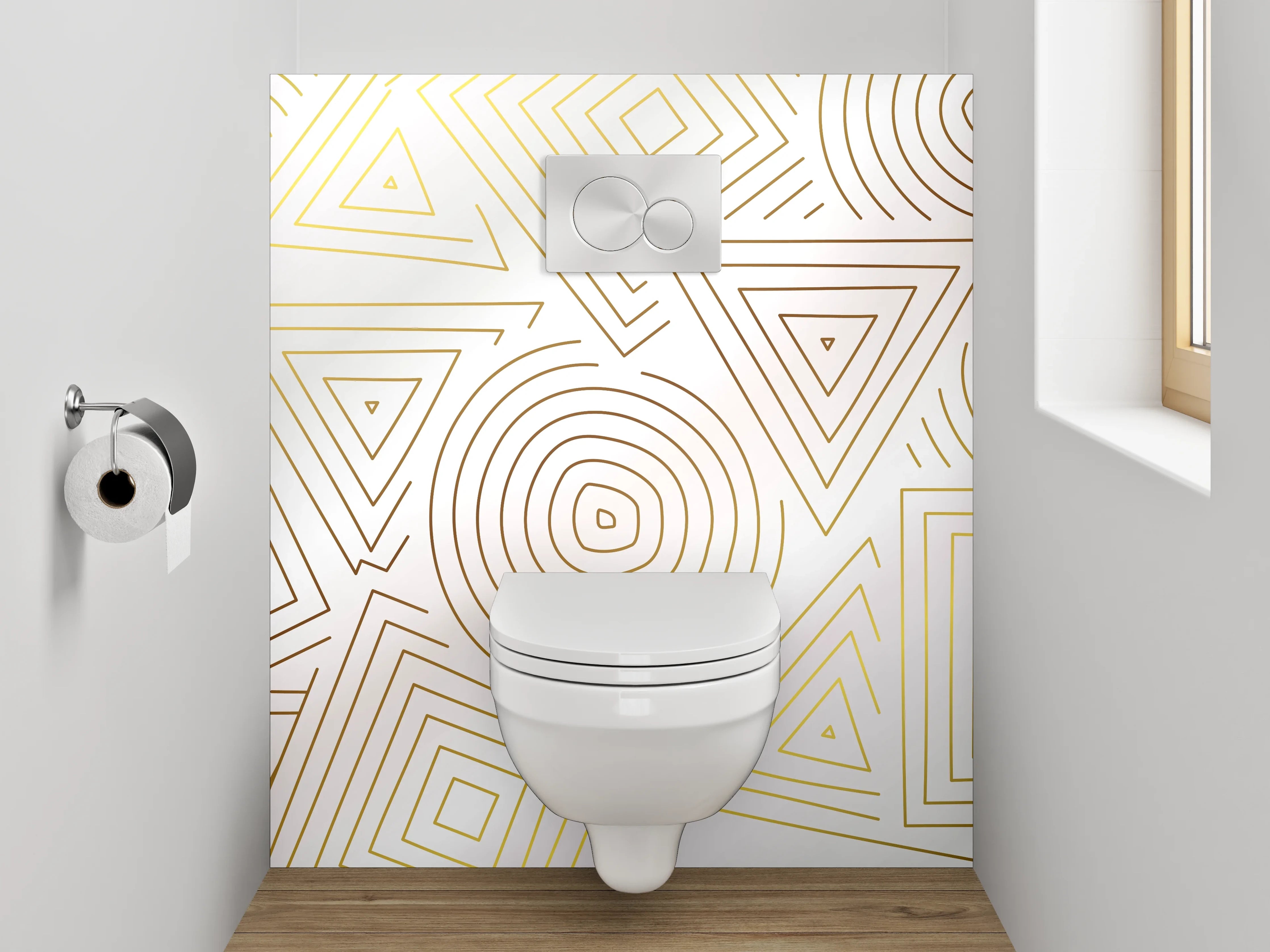 WC-Rückwand - Geometrisches Linienmuster in Gold auf Weiß