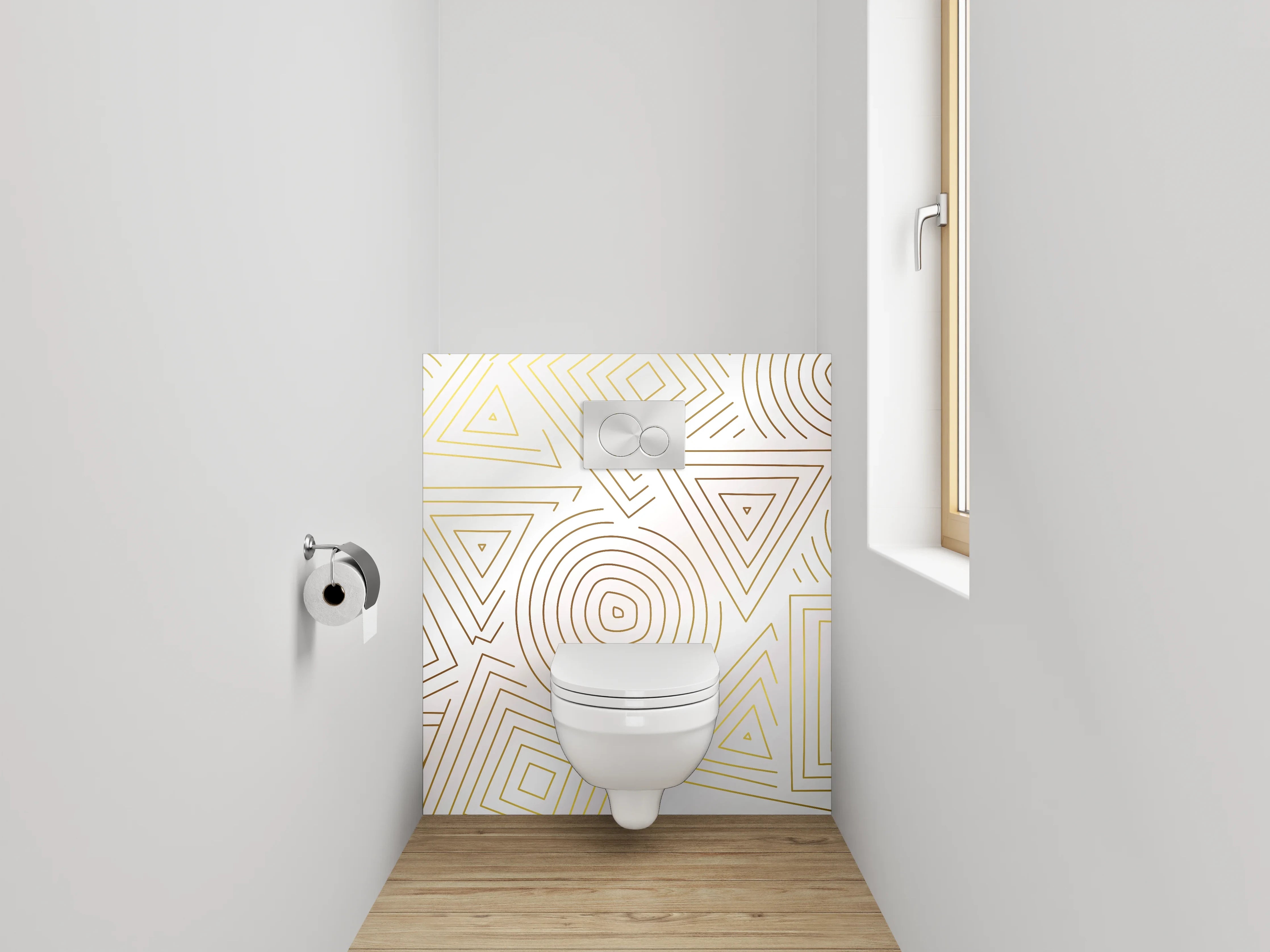 WC-Rückwand - Geometrisches Linienmuster in Gold auf Weiß