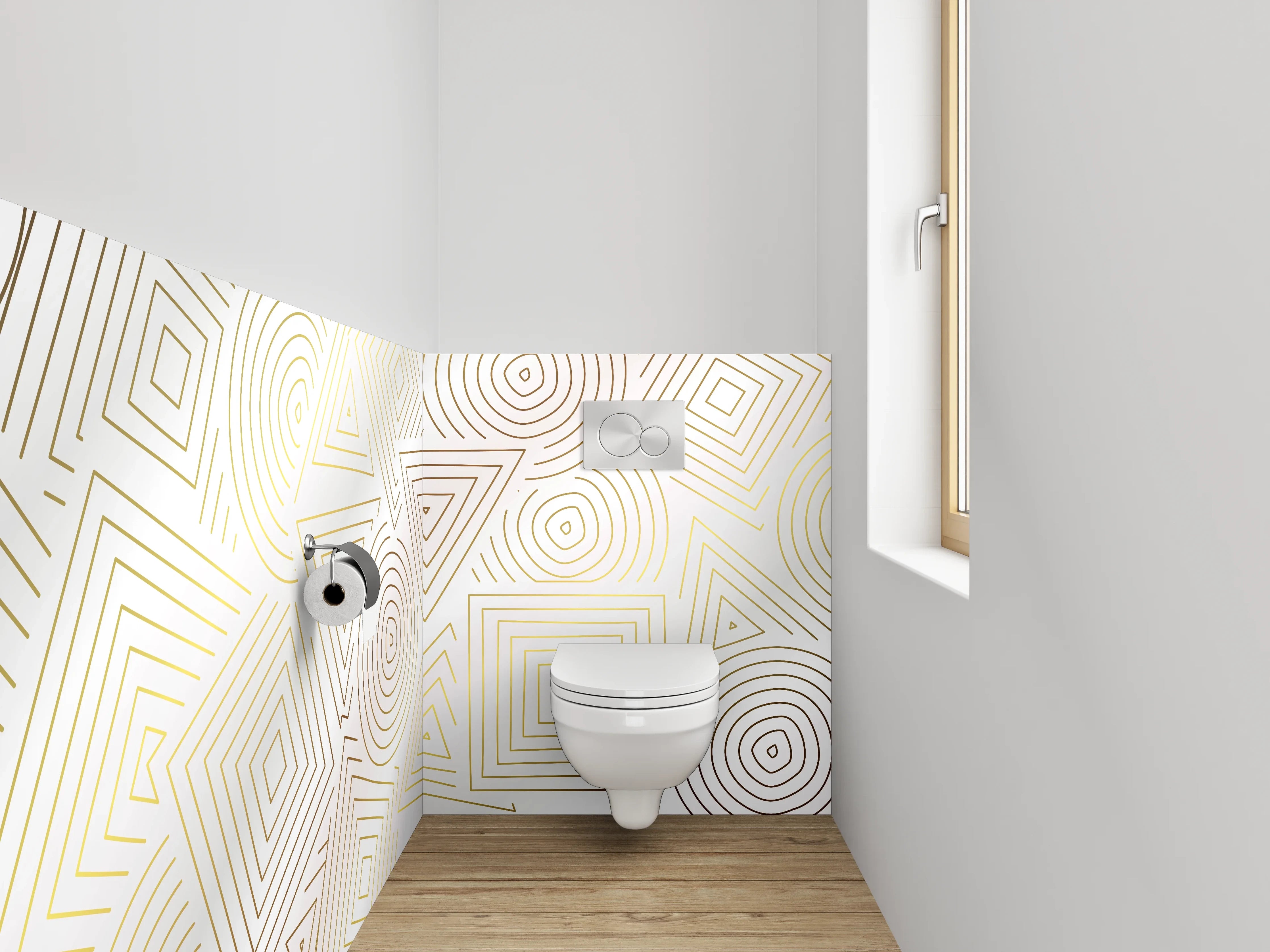 WC-Rückwand - Geometrisches Linienmuster in Gold auf Weiß