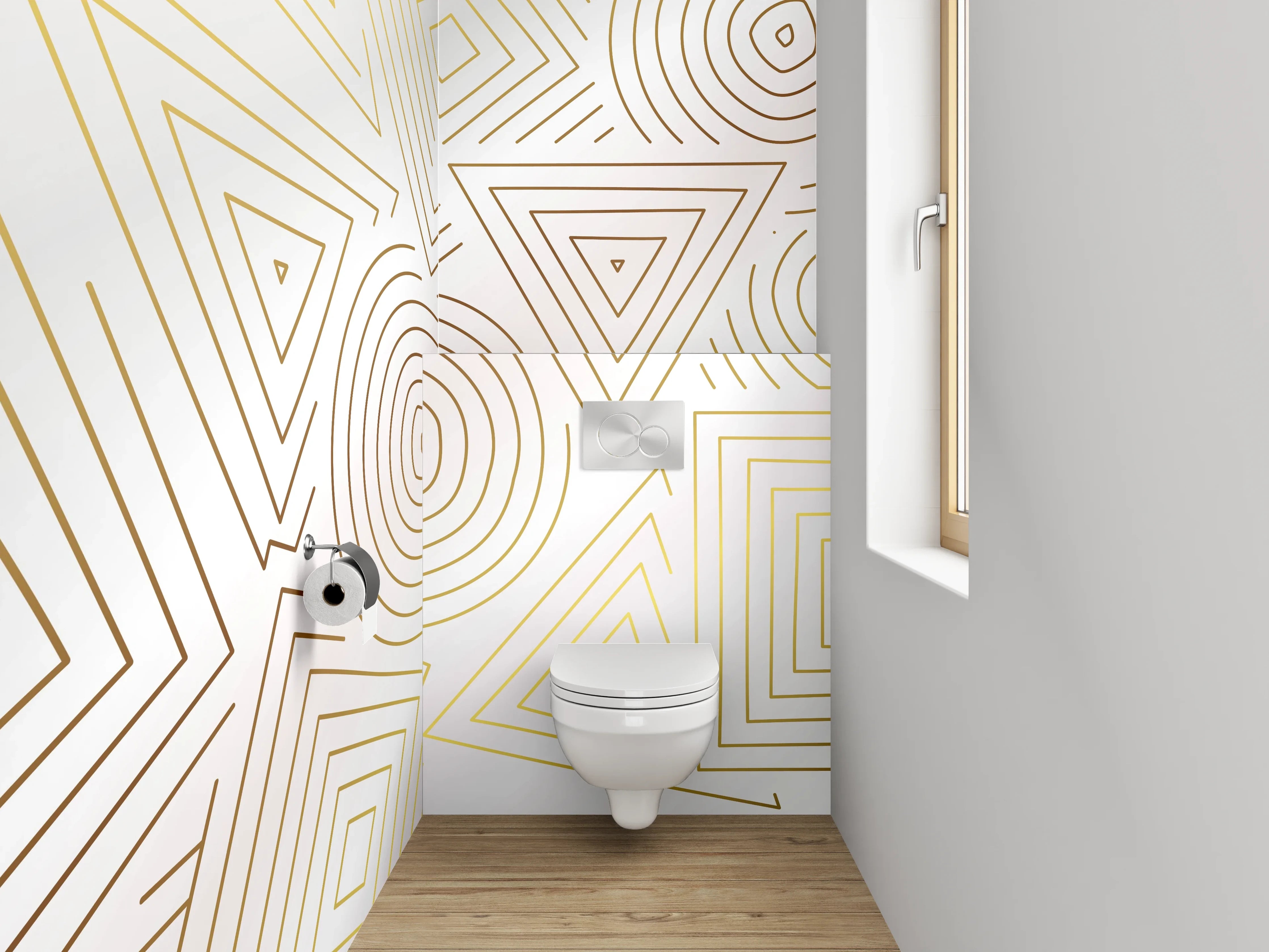 WC-Rückwand - Geometrisches Linienmuster in Gold auf Weiß