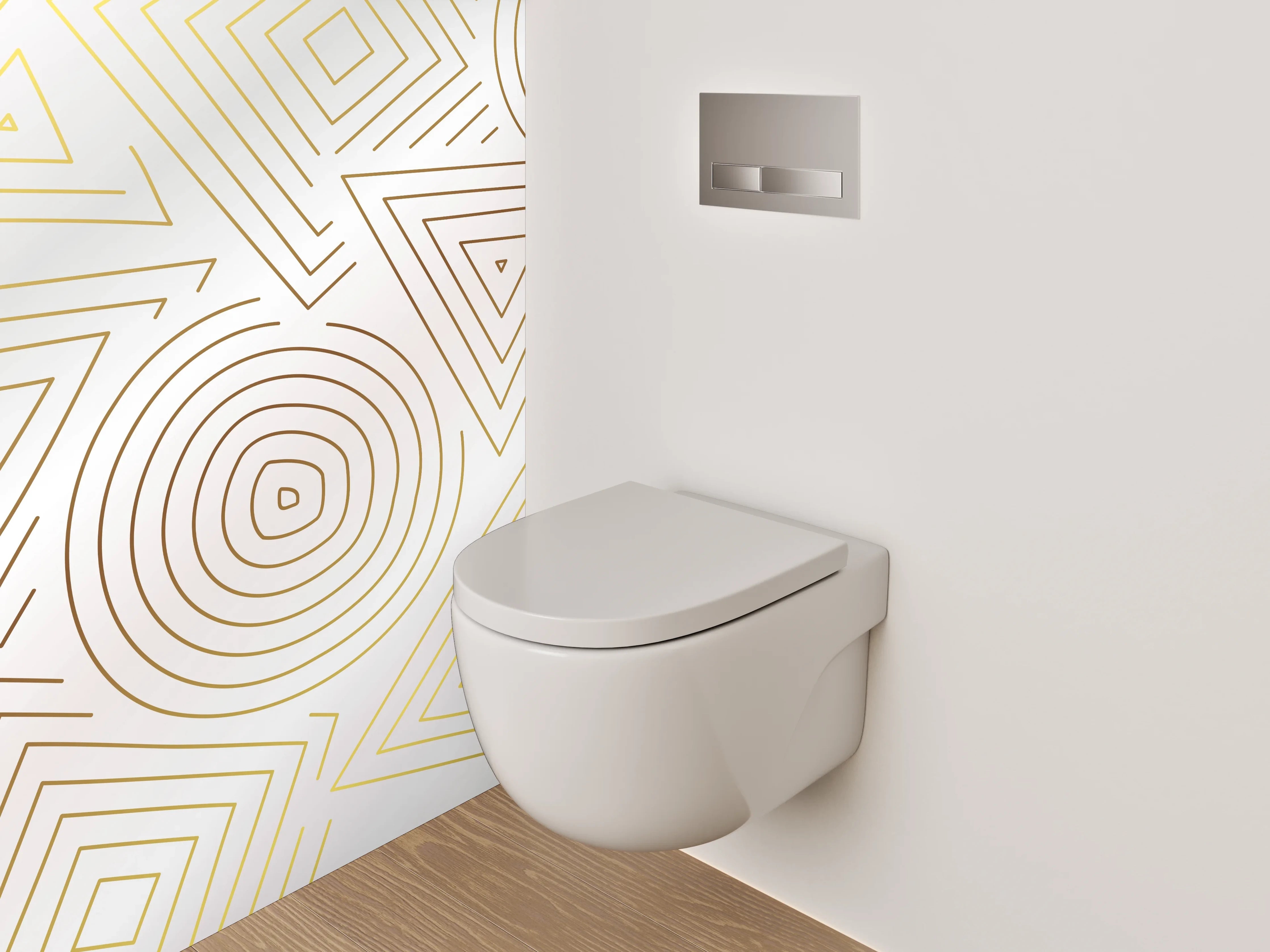 WC-Rückwand - Geometrisches Linienmuster in Gold auf Weiß
