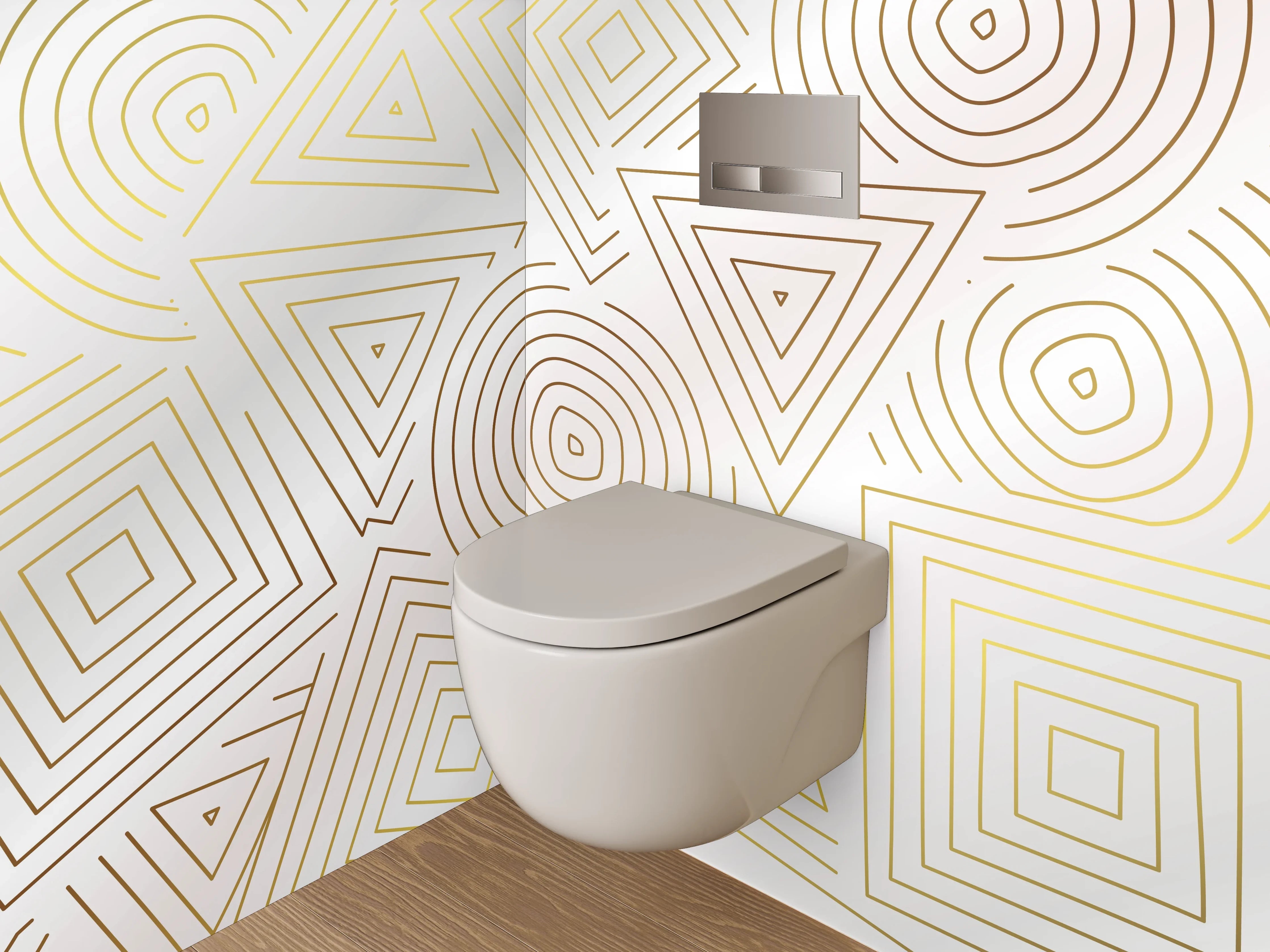 WC-Rückwand - Geometrisches Linienmuster in Gold auf Weiß
