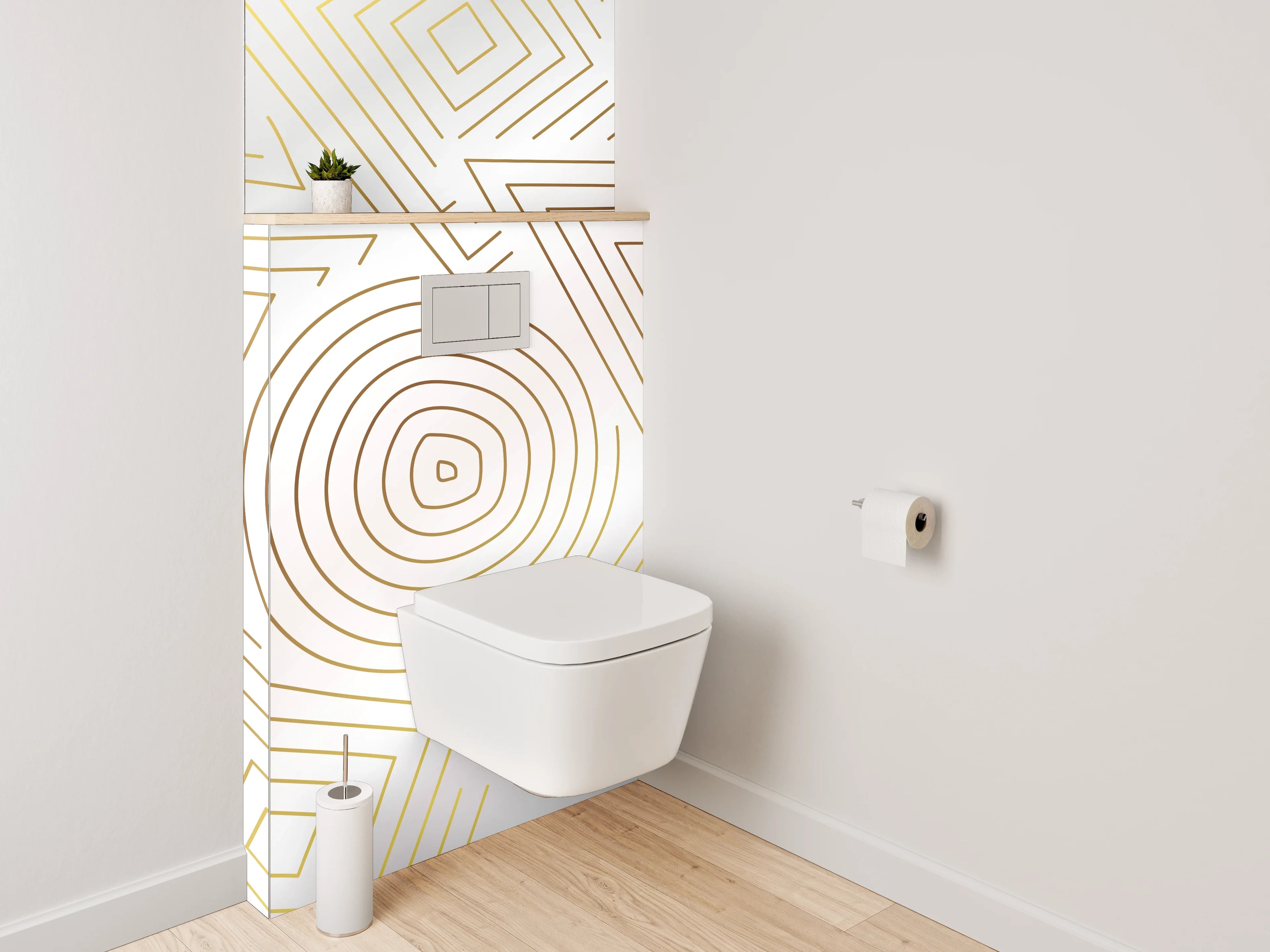 WC-Rückwand - Geometrisches Linienmuster in Gold auf Weiß